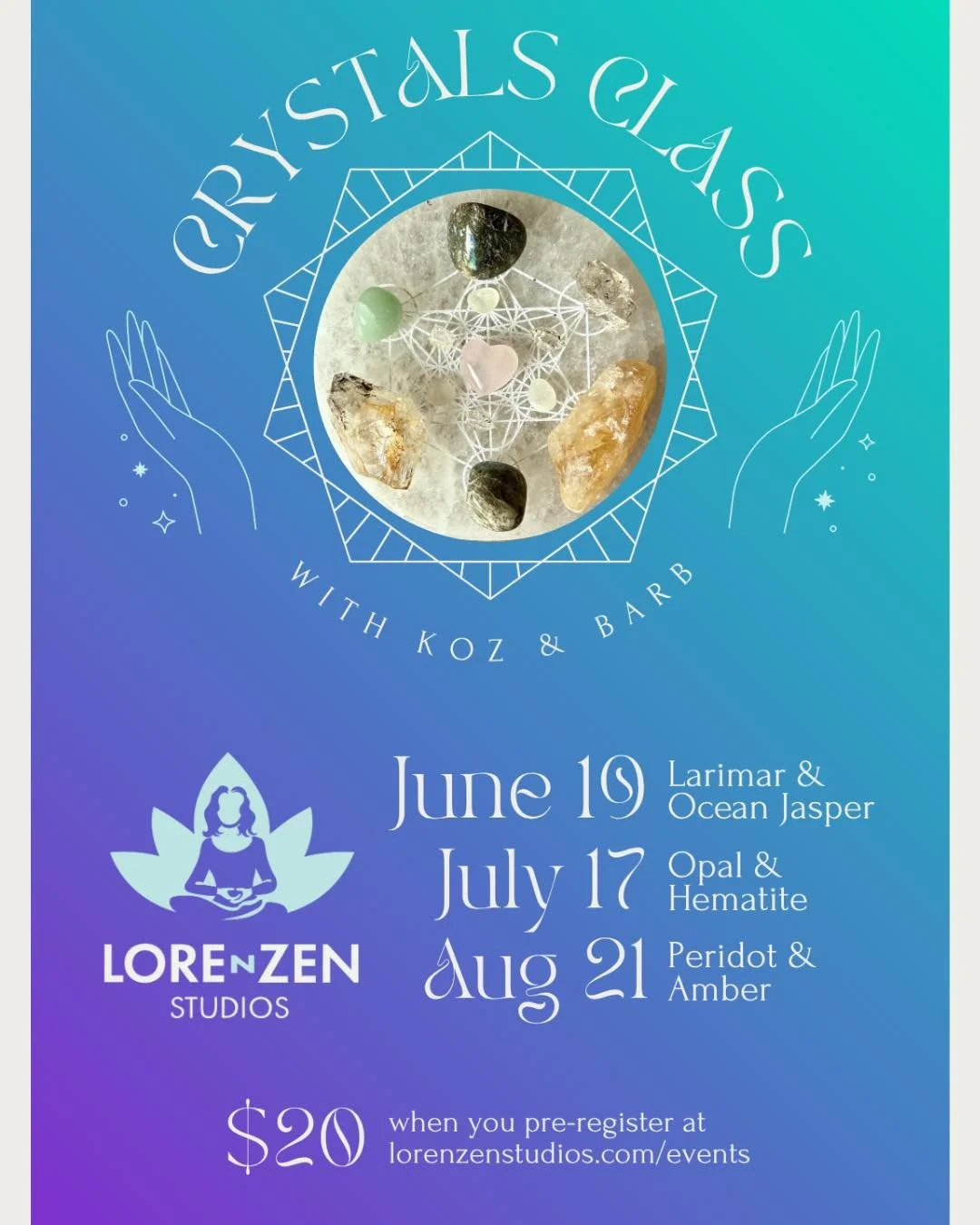 ✨ S U M M E R ✨ Crystals Classes ⭐️

Lorenzen Studios is happy to be hosting Crystals Class with Koz and Barb this Summer ☀️ Learn about crystals and their properties, meanings, uses, and more. Take home your own crystals from each class 💖 

💎 Frid