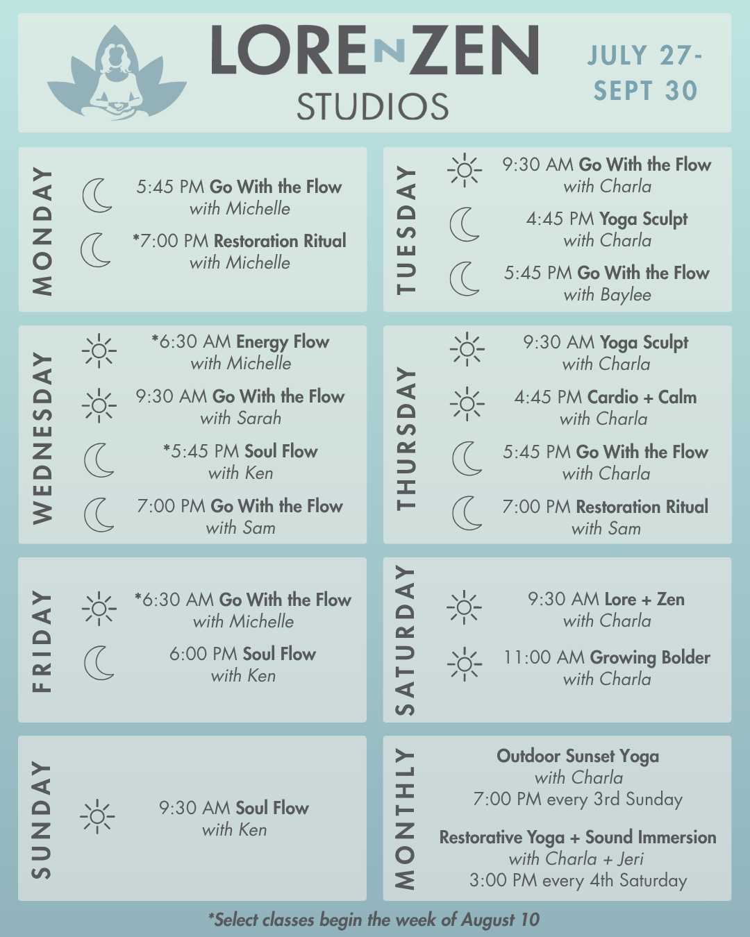 Lorenzen Studios July 27 - Sept 30 Weekly Yoga Schedule