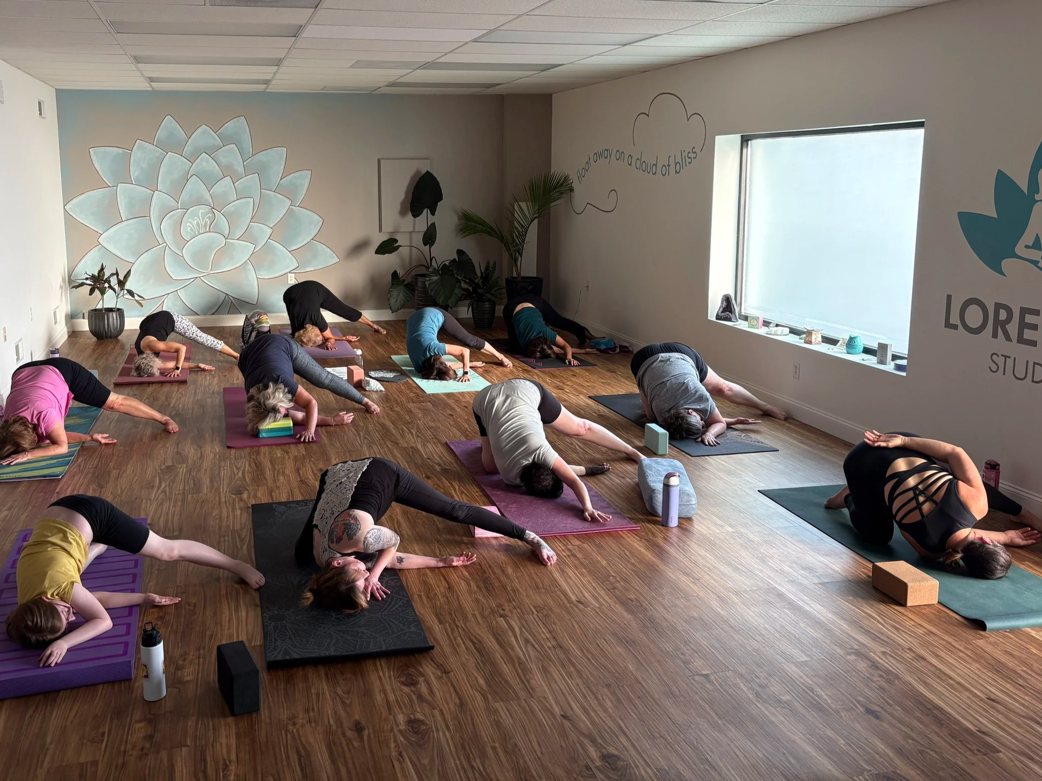 People participating in a yoga class in a bright studio with natural light, wooden floors, and soothing wall murals