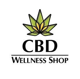 Logo of a wellness shop featuring a stylized green and yellow cannabis leaf above the text 'CBD WELLNESS SHOP'.