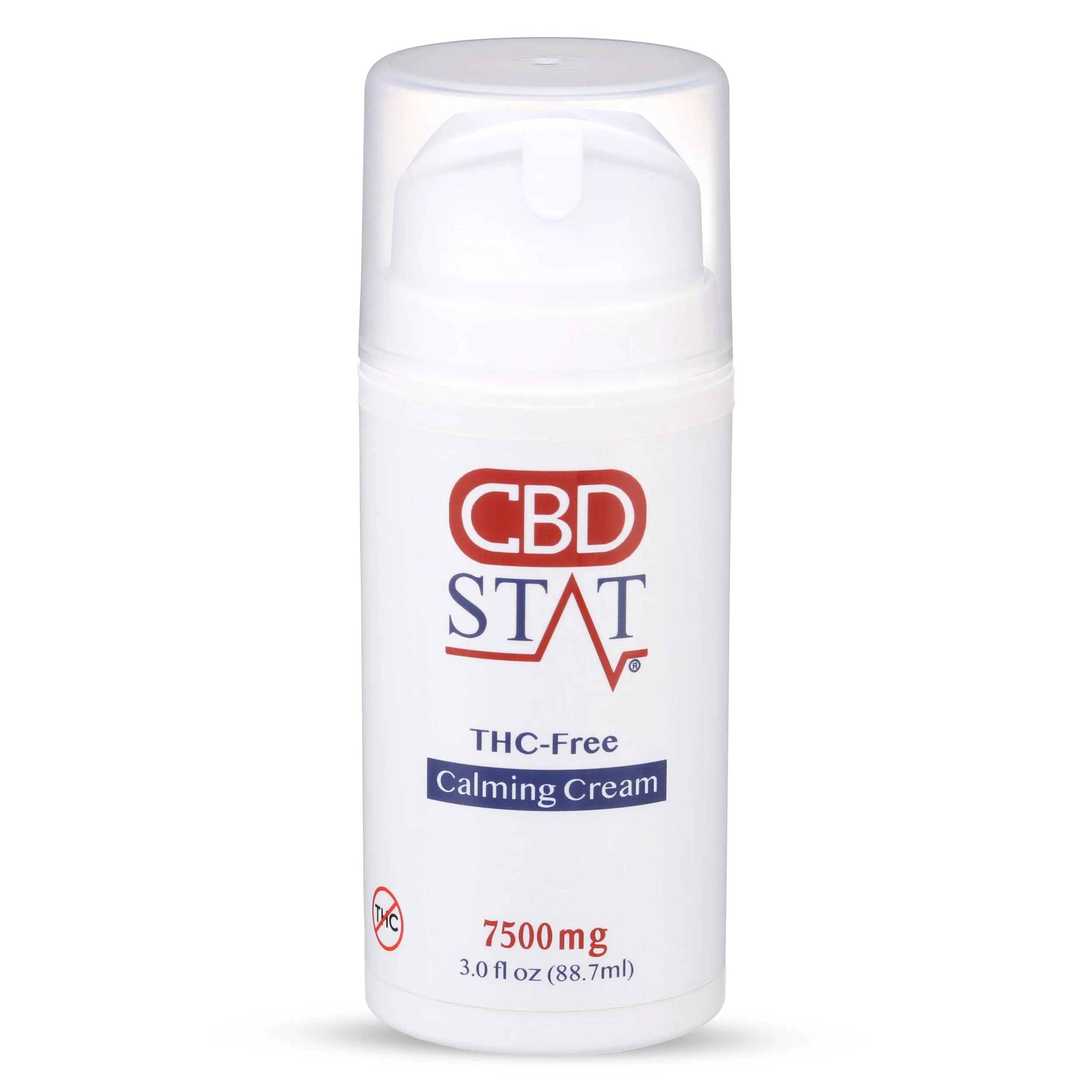 A white bottle of CBD STAT calming cream, THC-free, 7500 mg, 3 oz, with a pump dispenser.