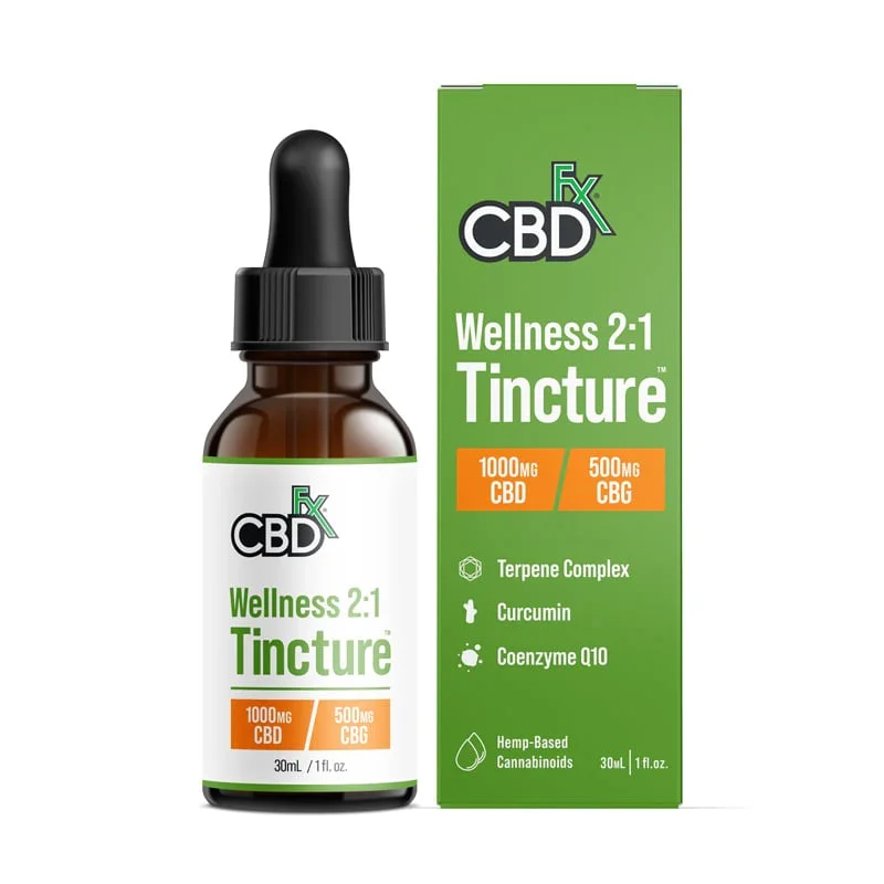 A CBD wellness tincture bottle next to its green packaging box, displaying 1000mg CBD and 500mg CBG with ingredients like terpenes, curcumin, and Coenzyme Q10.