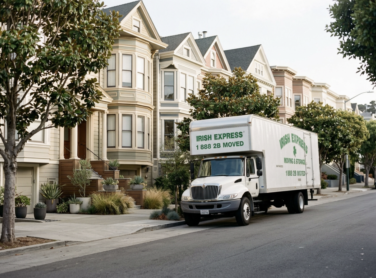 Irish Express Moving Truck in san francisco street with victorian houses