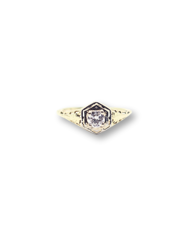 Art Deco 14k Two-Tone Filigree Hexagon Illusion Diamond Ring - Size 5