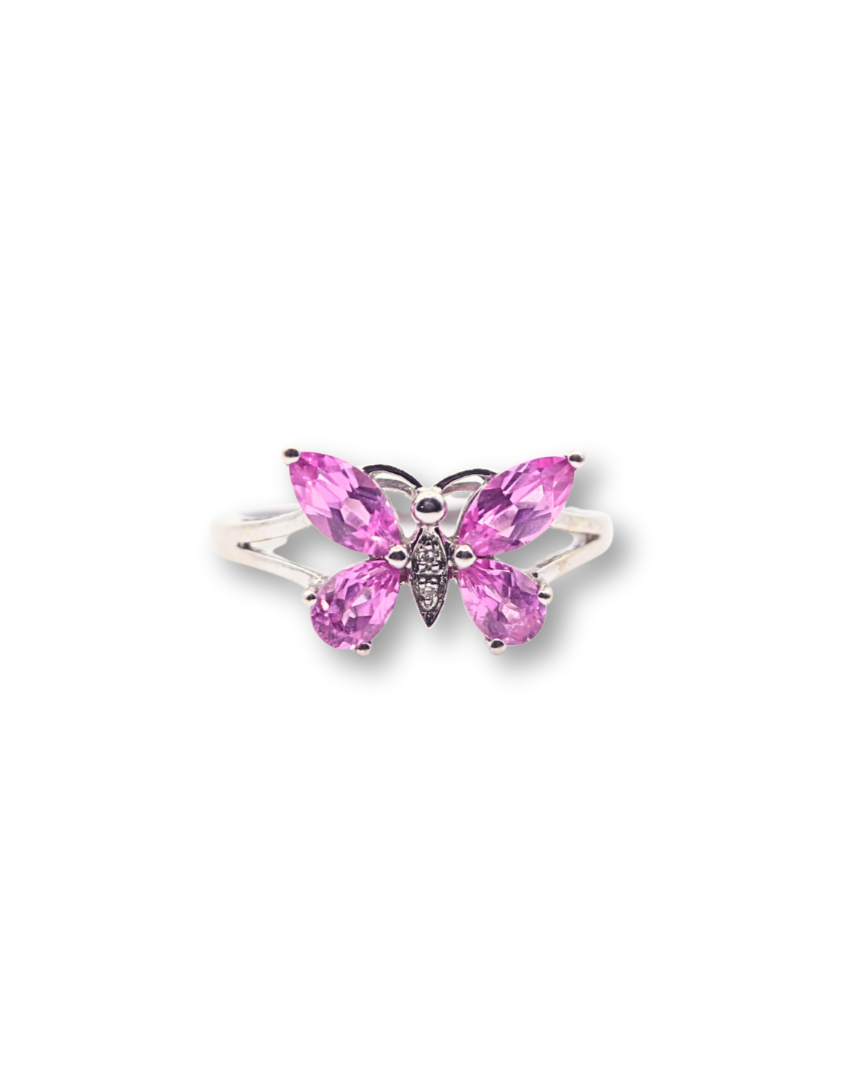 Vintage Y2K Pink Sapphire and Diamond Butterfly Ring in 10k White Gold - Size 9