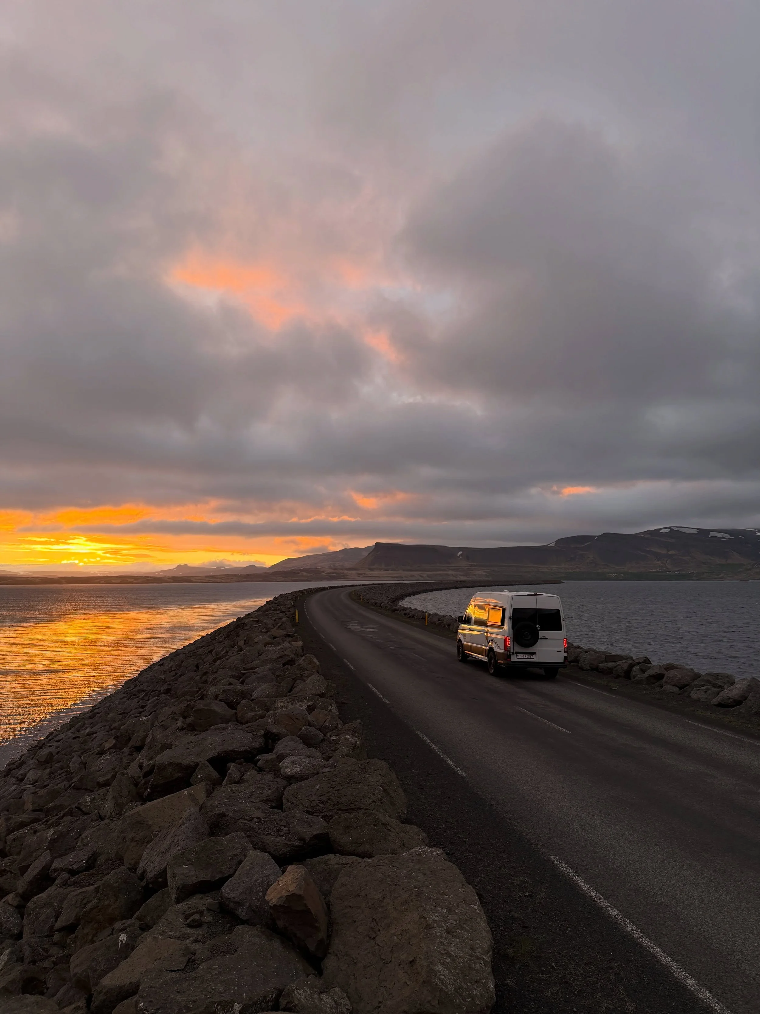 The road to the Westfjords 🌅
We followed Road 1 north before turning onto Road 60. Hardly another car in sight , just mountains, farm animals, and a sunset that seemed to get better every minute.

📸 These photos were mostly taken around 23:30.
🚐 f