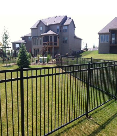 Backyard with green grass, metal black fence, and two large houses in the background.