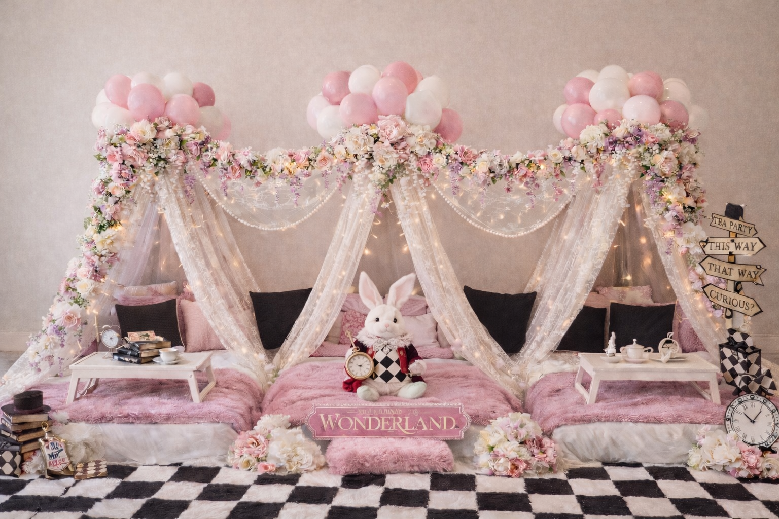 Elegant outdoor table setting with floral arrangements, decorative bowl, and a pink tablecloth against a bright sky.