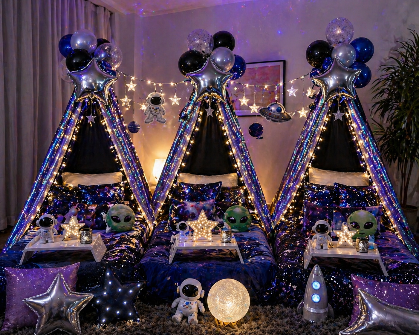 A two-tiered blue space-themed birthday cake decorated with a rocket, planets, and stars. The top tier has a yellow sphere and smaller white and red spheres, with an astronaut figure sitting beside it. The cake is surrounded by party decorations, with a blurred background of space-themed banners and plants.
