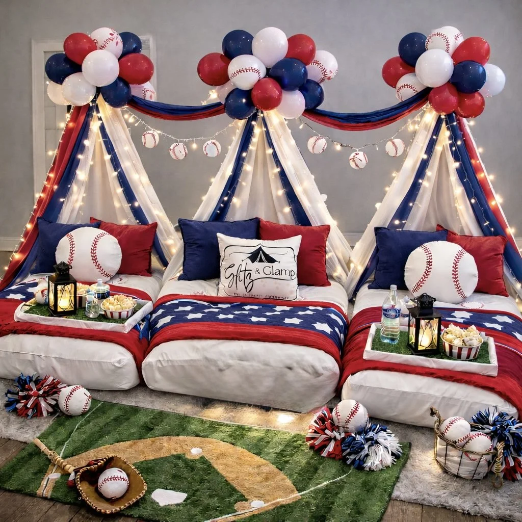 A row of four baseball-themed sleepover tents decorated for a birthday party, each with a white round pillow resembling a baseball, red and blue pillows, and small tables with lanterns and a sign reading 'Happy 8th Birthday Davis.' The background has bunting flags, and the floor features a green baseball field rug.