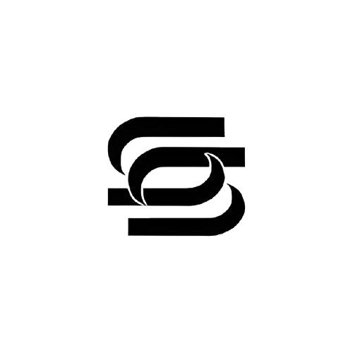 Black background with a stylized white abstract line design.