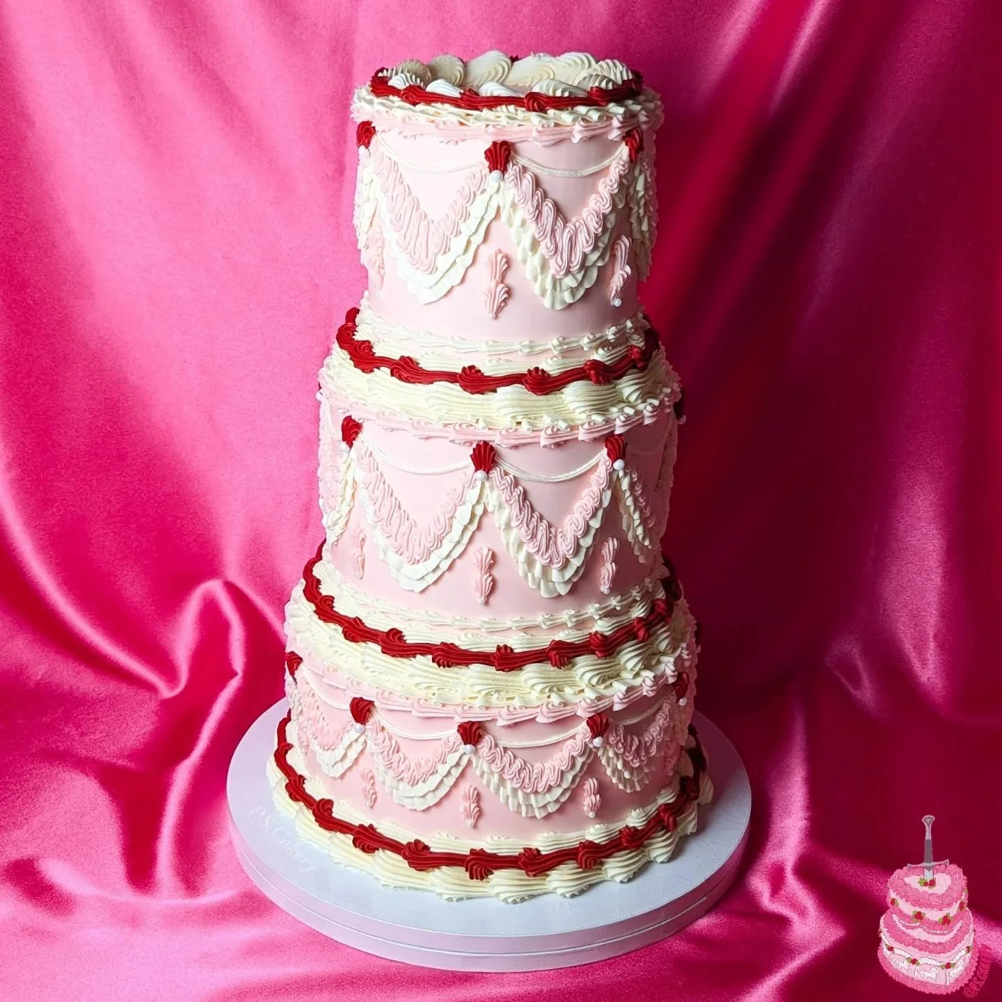Finally getting around to posting this 3 tiered pink and red vintage wedding cake 🩷🦢❤️

This cake was an absolute dream cake for me to make!! I'm so honored to get the opportunity to make such a special cake for the sweetest client, and eventually 