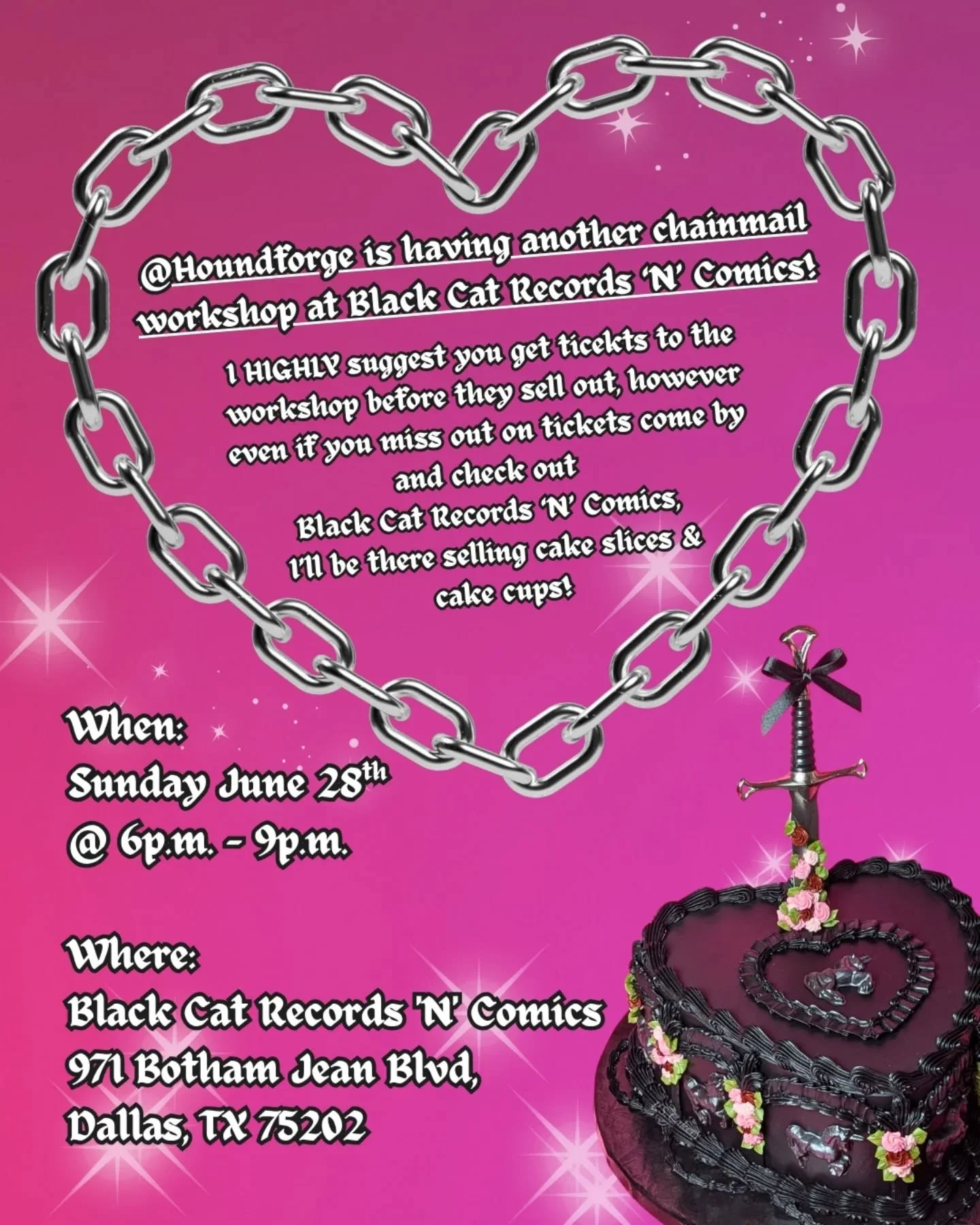 @houndforge is having their 3rd chainmail workshop at @blackcatrecordsncomics , and I am so honored to get to tag along!! 🖤

Students attending Hound Forge's work shop will get complementary cupcakes, and then ✨ additionally ✨ I'll be there selling 