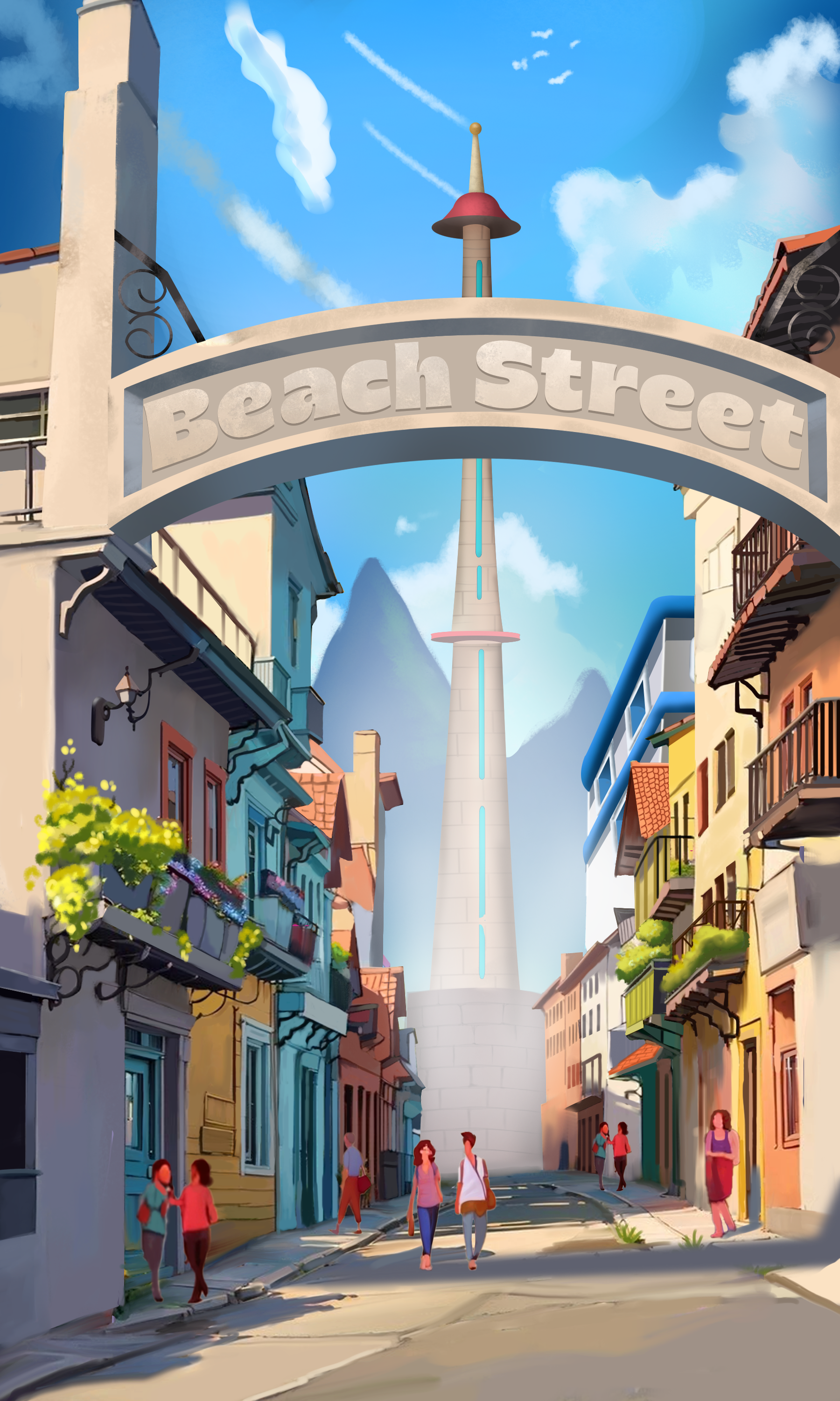 A colorful street scene with a sign that reads 'Beach Street' on an archway, tall buildings with balconies, and a tall tower with a red roof in the background. People are walking along the street on a sunny day with a blue sky and clouds.
