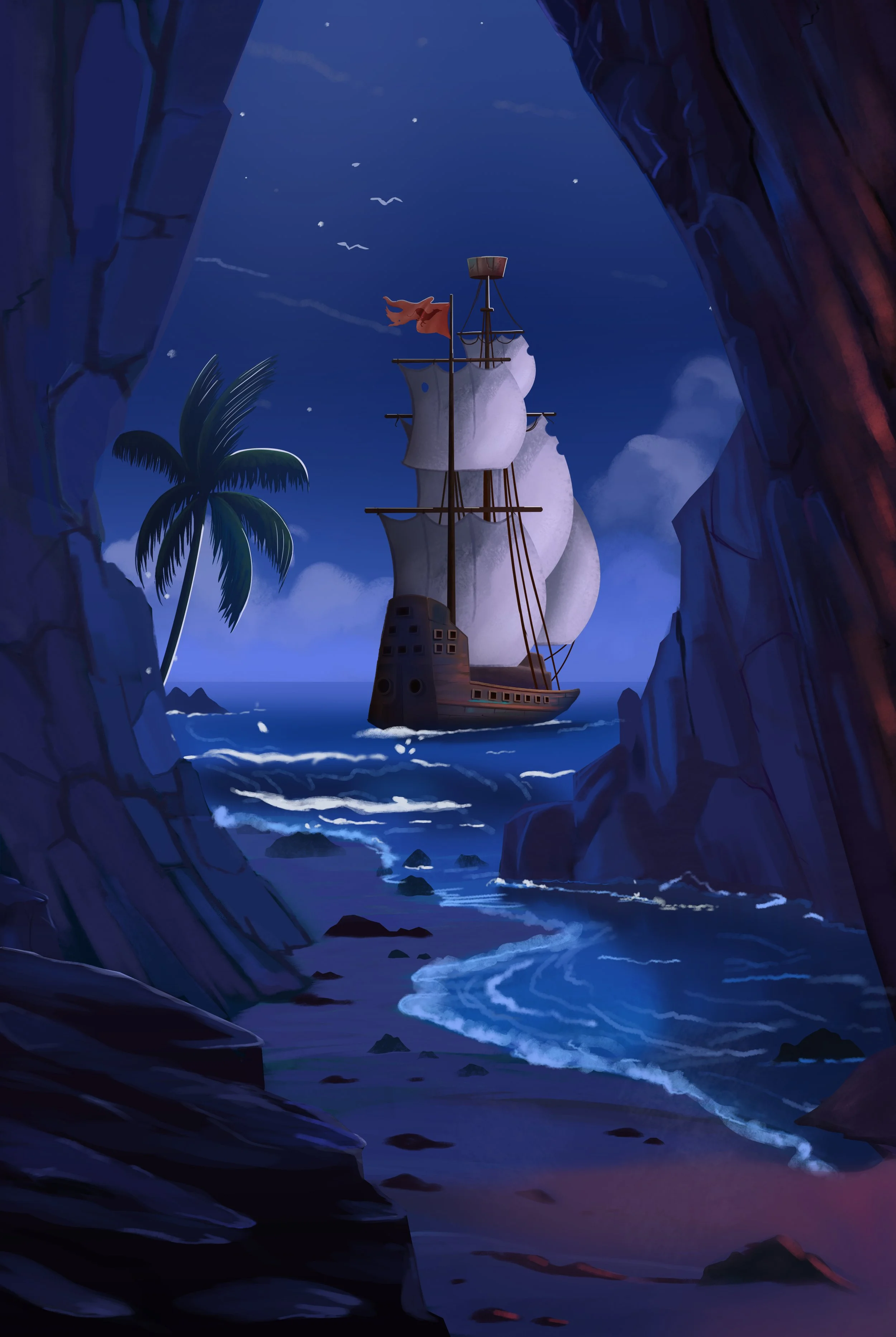 A pirate ship with white sails sailing through a moonlit sea viewed from between rocky cliffs and a palm tree on an island night.