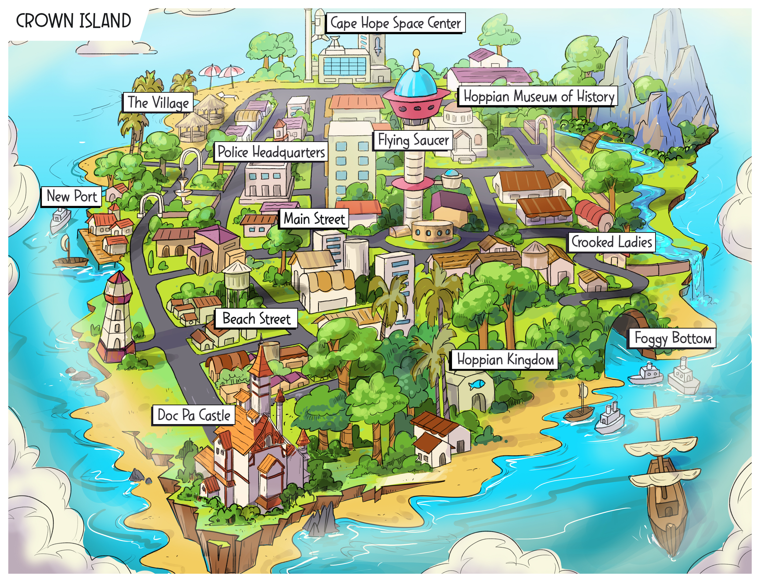 Colorful illustrated map of Crown Island with labeled locations including the village, police headquarters, main street, beach street, Doc Pa Castle, new port, Cape Hope Space Center, flying saucer, Hoppian Museum of History, crooked ladies, foggy bottom, Hoppian Kingdom, and various natural features like trees, waterfalls, beaches, and boats.