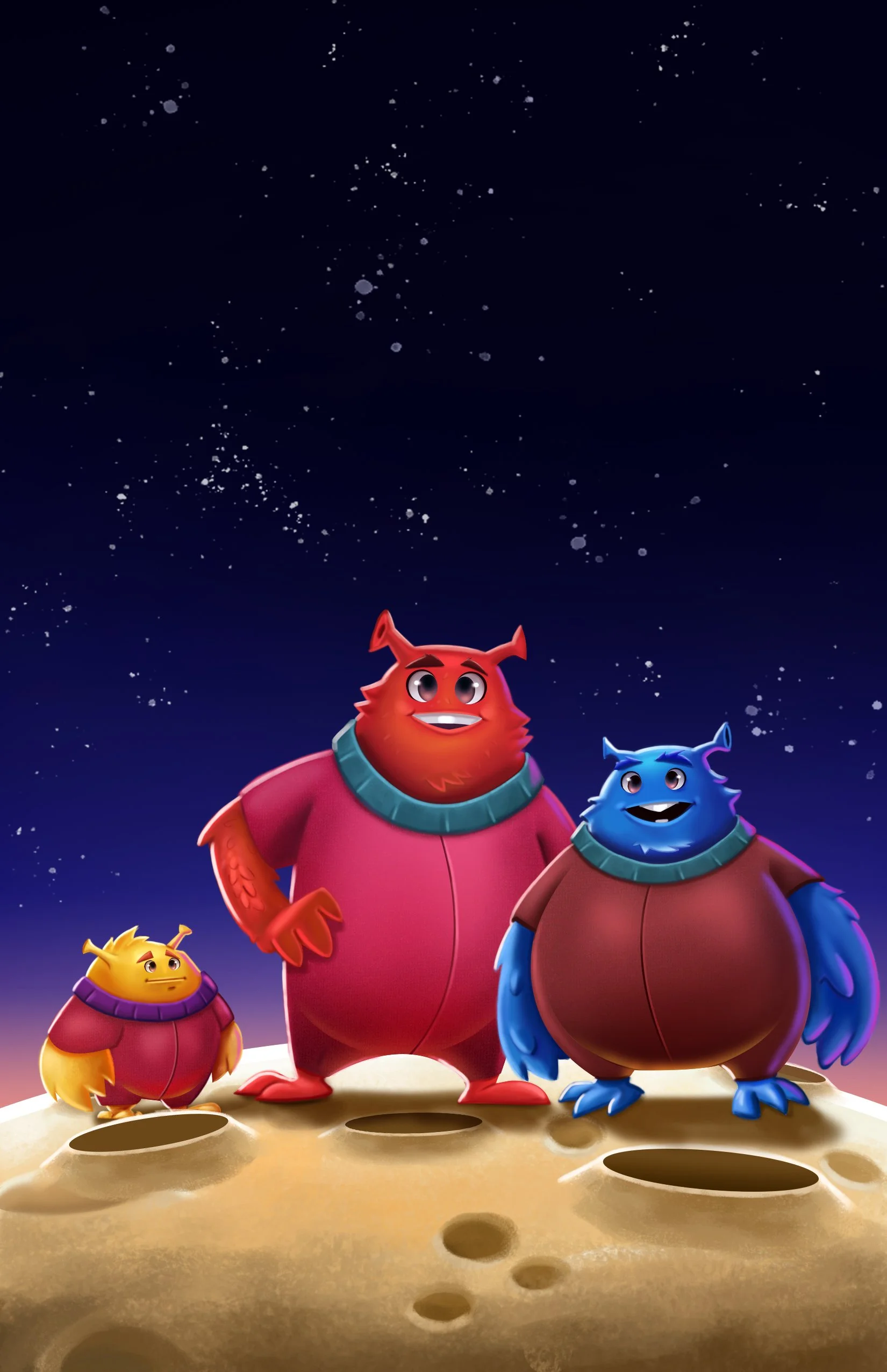 Three colorful aliens with friendly expressions standing on a rocky surface with craters, under a starry night sky.