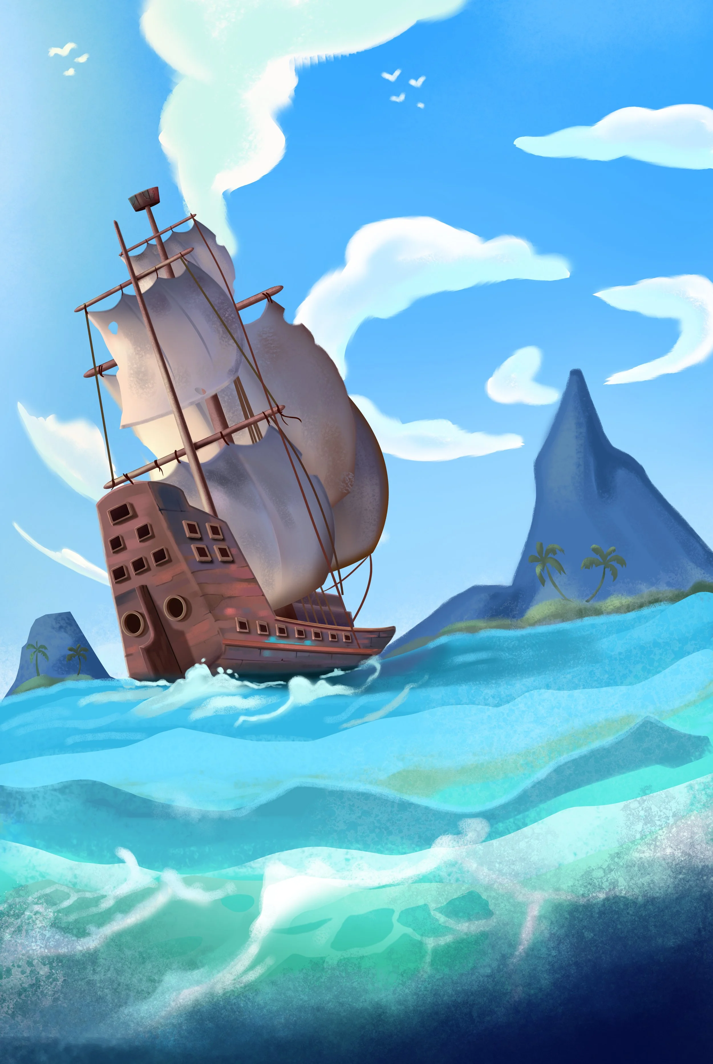 A large wooden sailing ship with multiple sails in a tropical ocean with blue water, a distant island with palm trees, and a mountain in the background, under a bright blue sky with clouds and birds.
