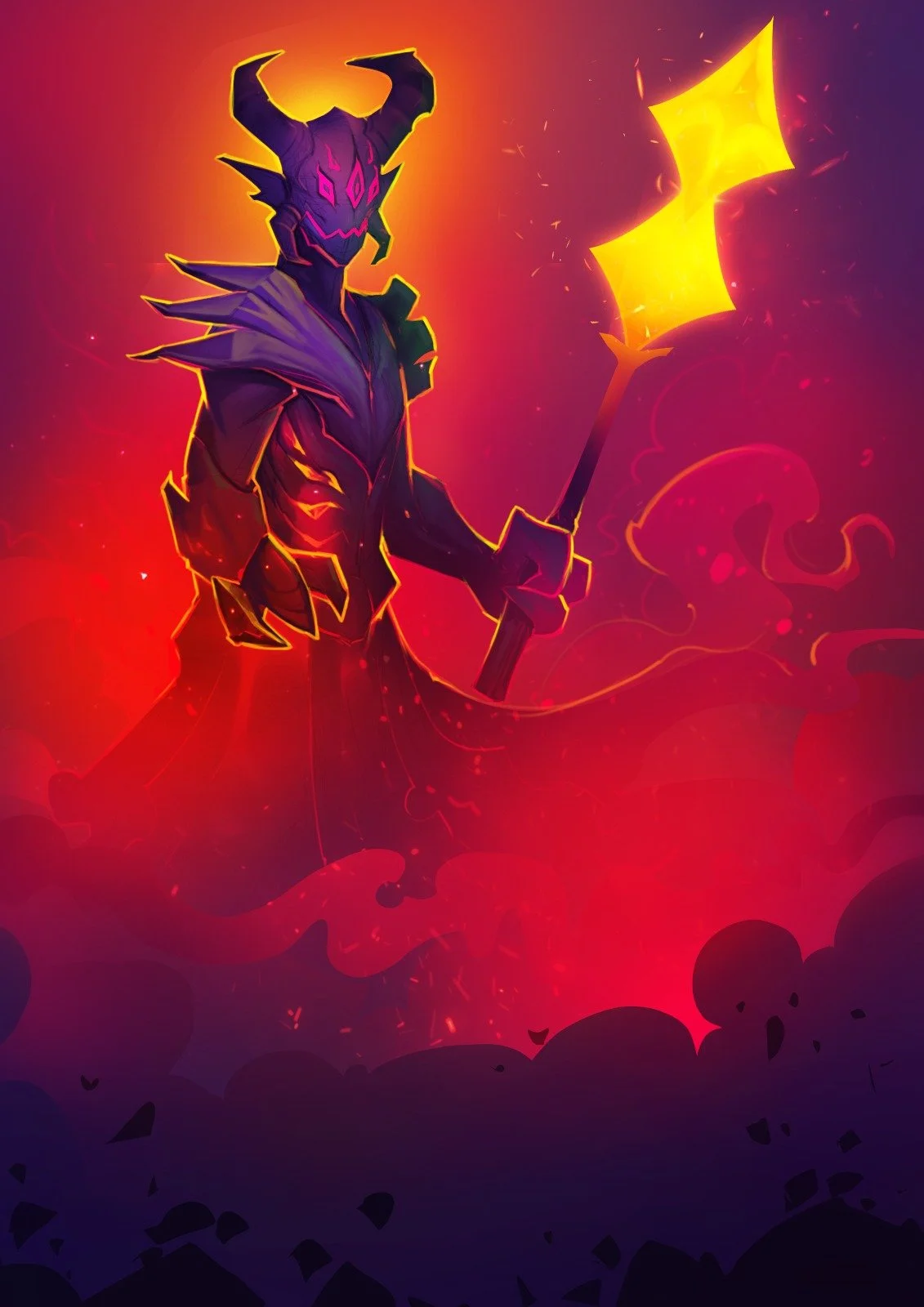 A dark, armored figure with a horned mask holding a glowing yellow staff, set against a vibrant red and purple background with swirling smoke and abstract shapes.
