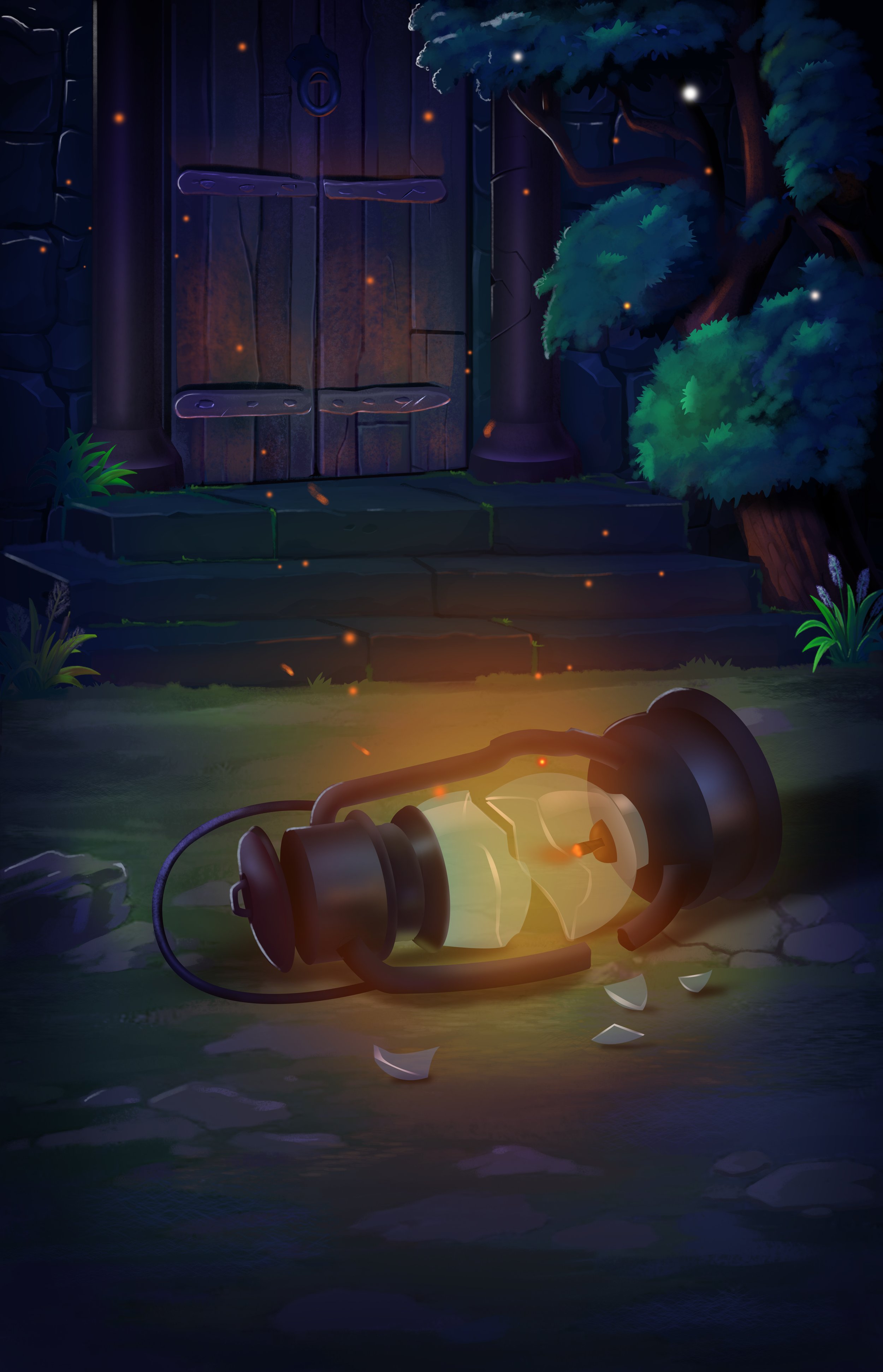A fallen broken lantern on the ground in front of an old wooden door surrounded by bushes and trees, with glowing embers and fragments scattered around during nighttime.