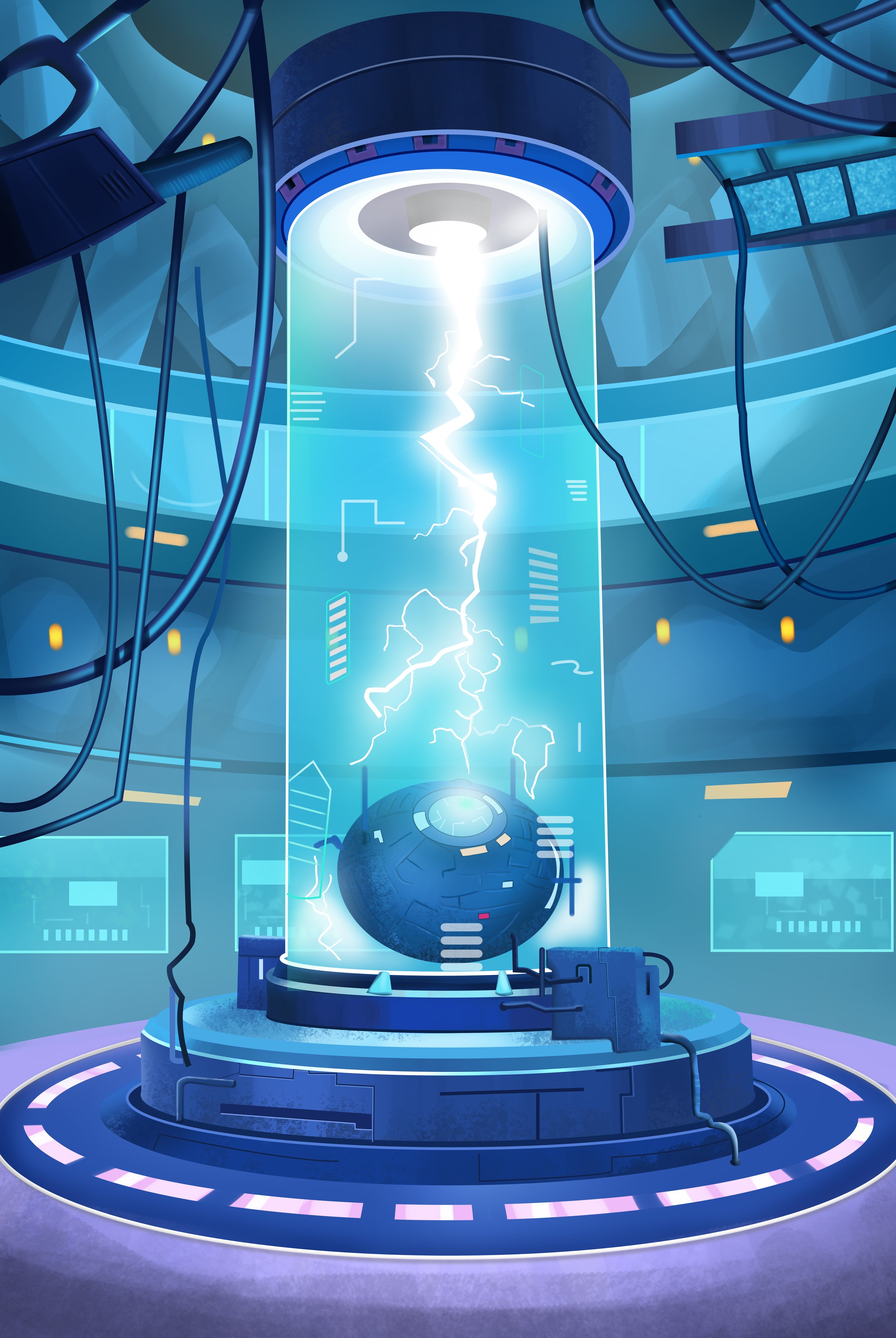 Futuristic laboratory with a high-tech device emitting lightning and a holographic display, surrounded by wires and digital screens.