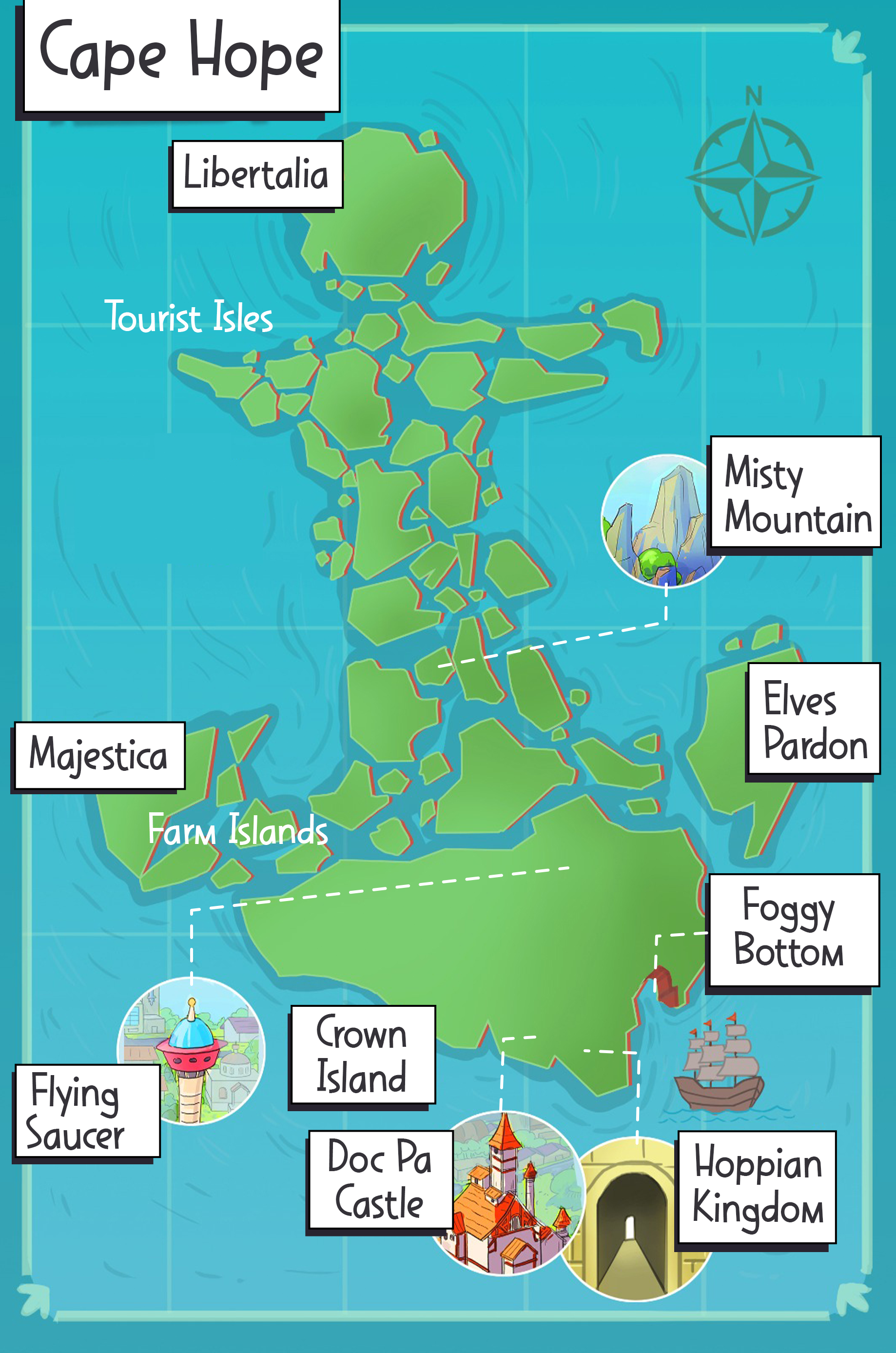 Map of a fantasy land called Cape Hope with labeled locations including Libertalia, Misty Mountain, Elves Pardon, Foggy Bottom, Farm Islands, Crown Island, Doc Pa Castle, Hoppian Kingdom, Flying Saucer, and Majestica. The map features illustrated islands, mountains, a castle, a flying saucer, a ship, and a compass rose.