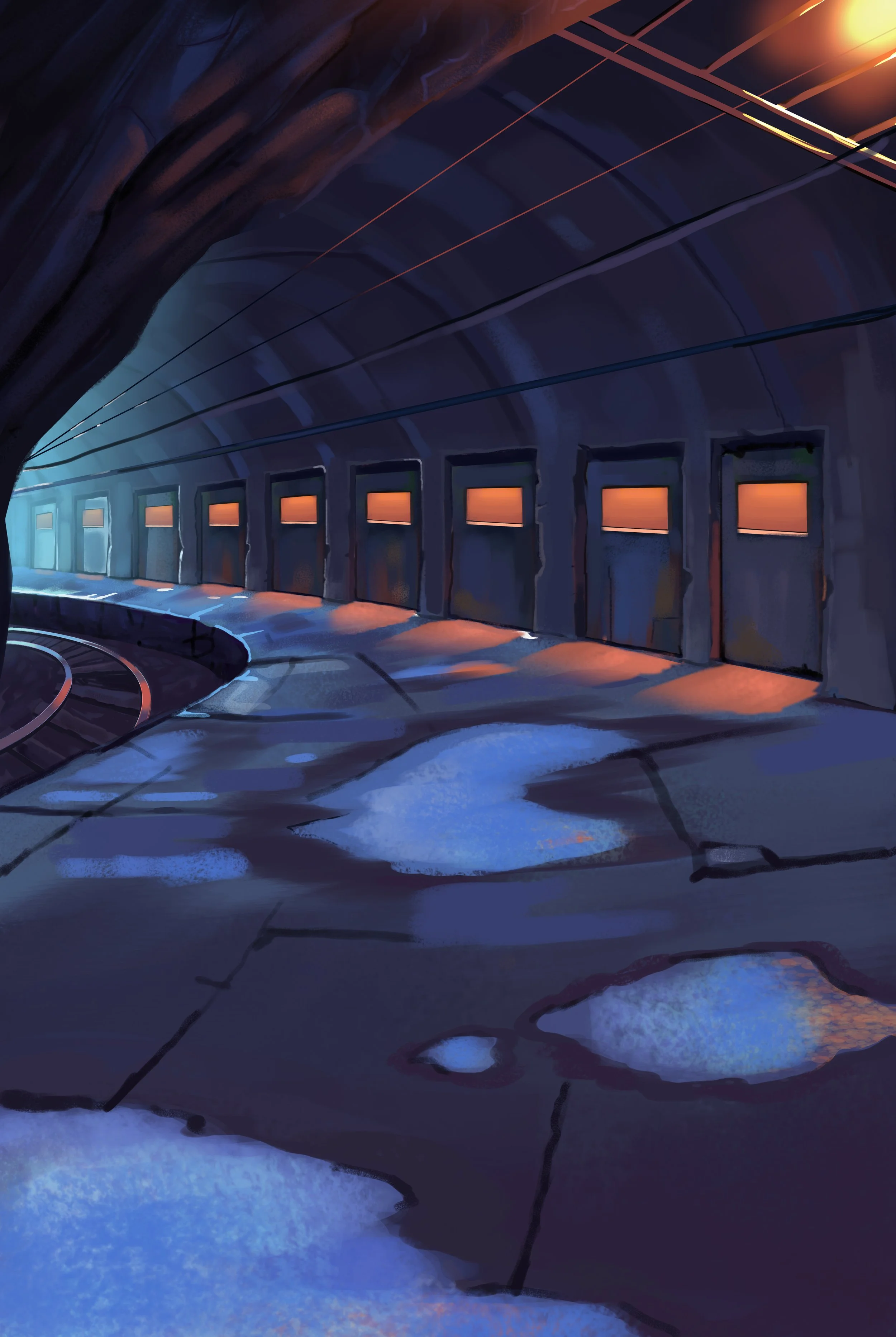 A dark underground tunnel with a curved ceiling, illuminated by orange lights above several garage doors, and patches of melting snow on the ground.