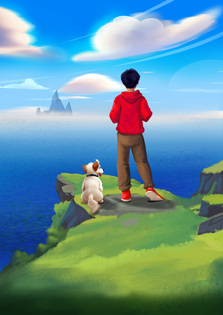 Haan and Bingo Star look toward the sea in an original book illustration