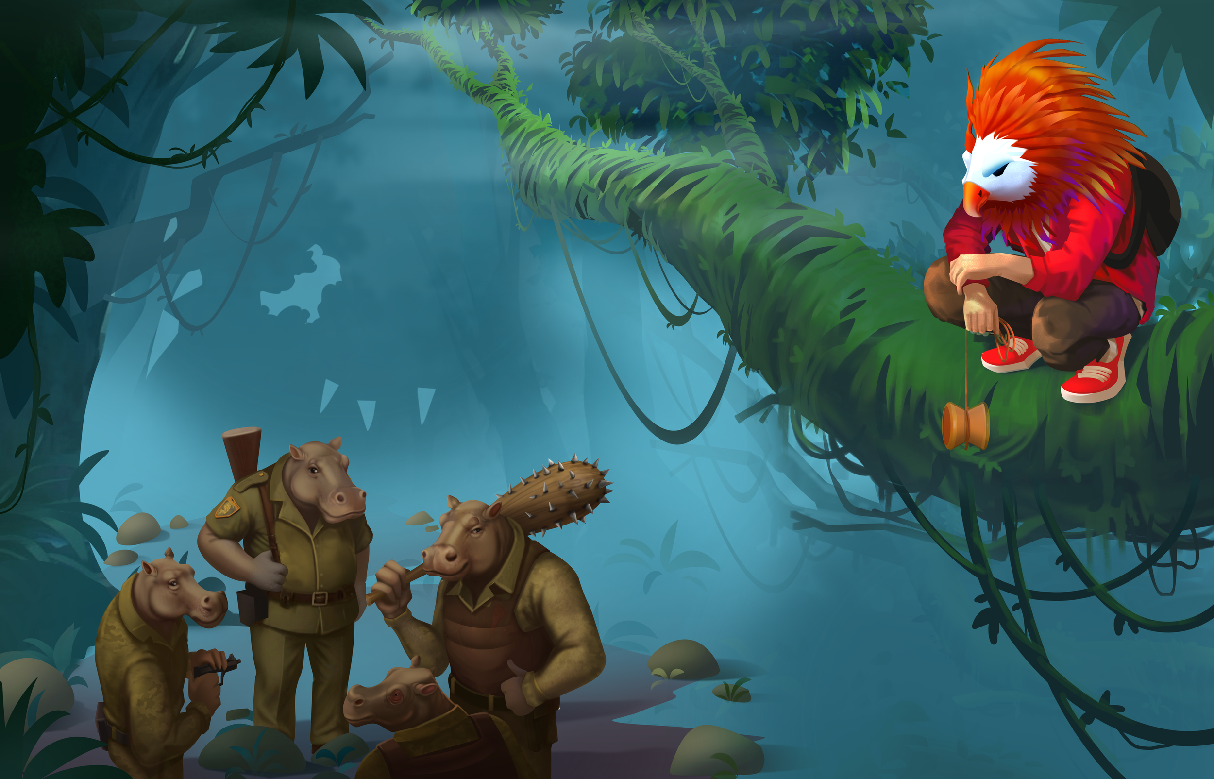 A cartoon jungle scene with animals dressed as soldiers and a person wearing a lion mask, sitting on a jungle branch.