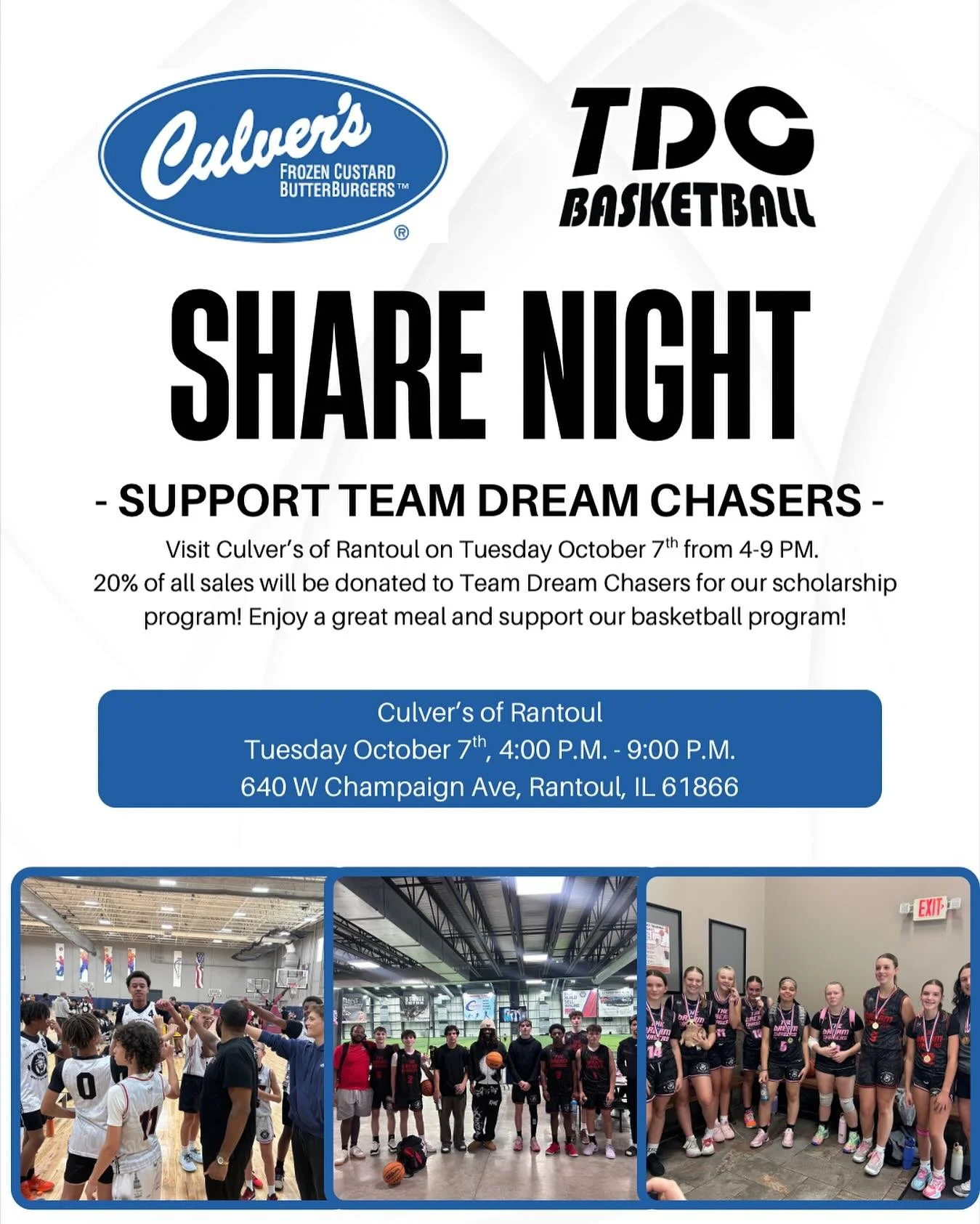 A big thank you to Culver&rsquo;s of Rantoul for allowing us to host share night with them! Stop in anytime on Tuesday October 7th and mention Team Dream Chasers. We are excited to see local businesses giving back to the community 🔥🔥

#teamdreamcha