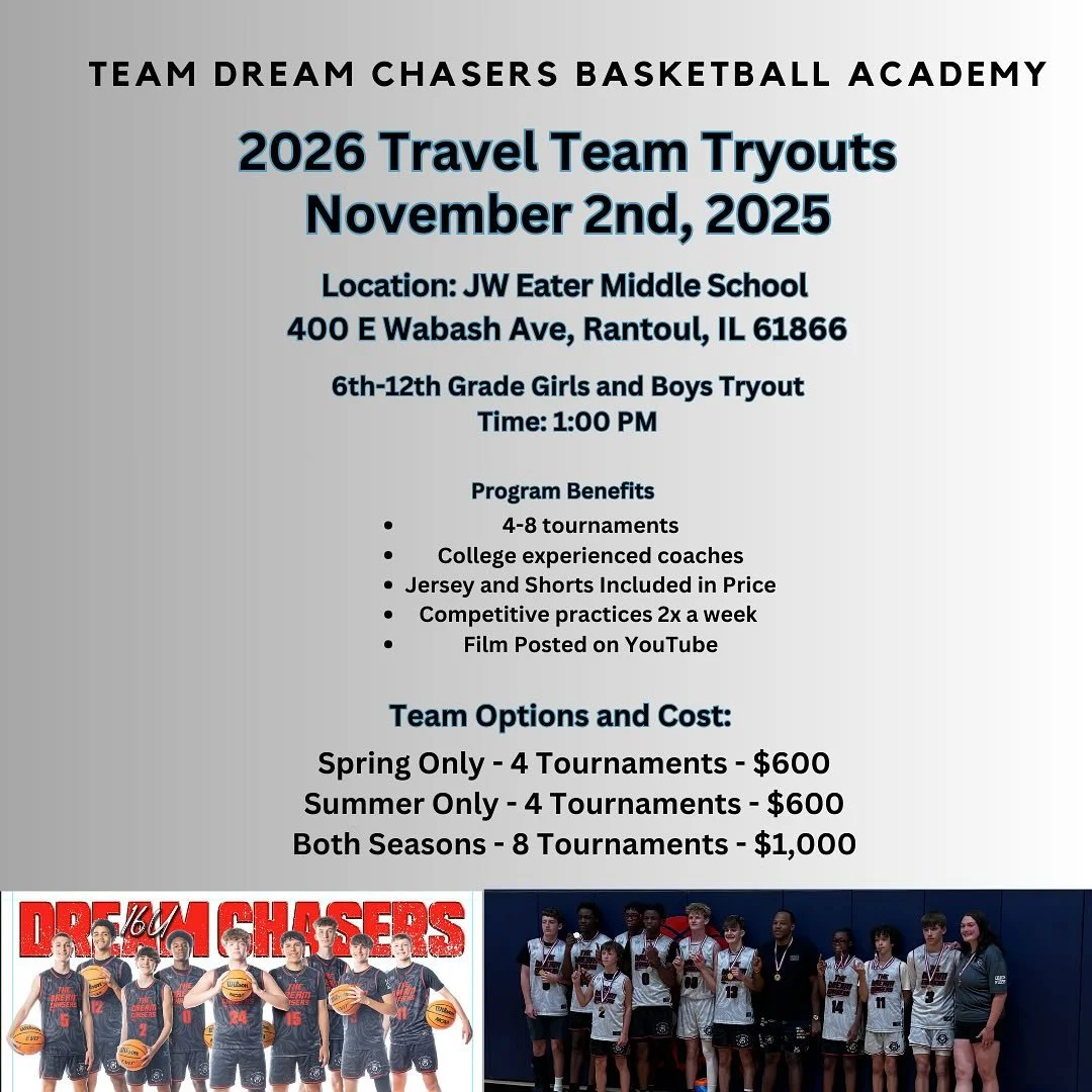 🔥 2026 Dream Chasers Tryouts 🔥
Full season or partial season &mdash; you choose!
🏀 8 tournaments for full commitment
⚡ Flexible option for multi-sport athletes

✅ Don&rsquo;t miss your spot &mdash; sign up now!