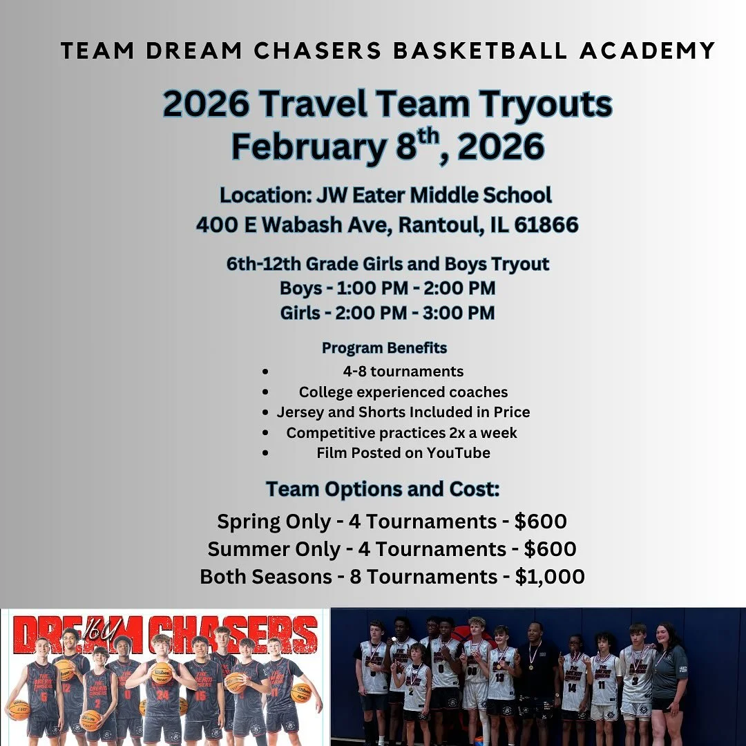 Our 2nd round of tryouts is scheduled for February 8th! Sign up now and don&rsquo;t miss out. We are only selecting a few individuals to fill the rest of our team roster for spring and summer!

#teamdreamchasers #aau #tryout