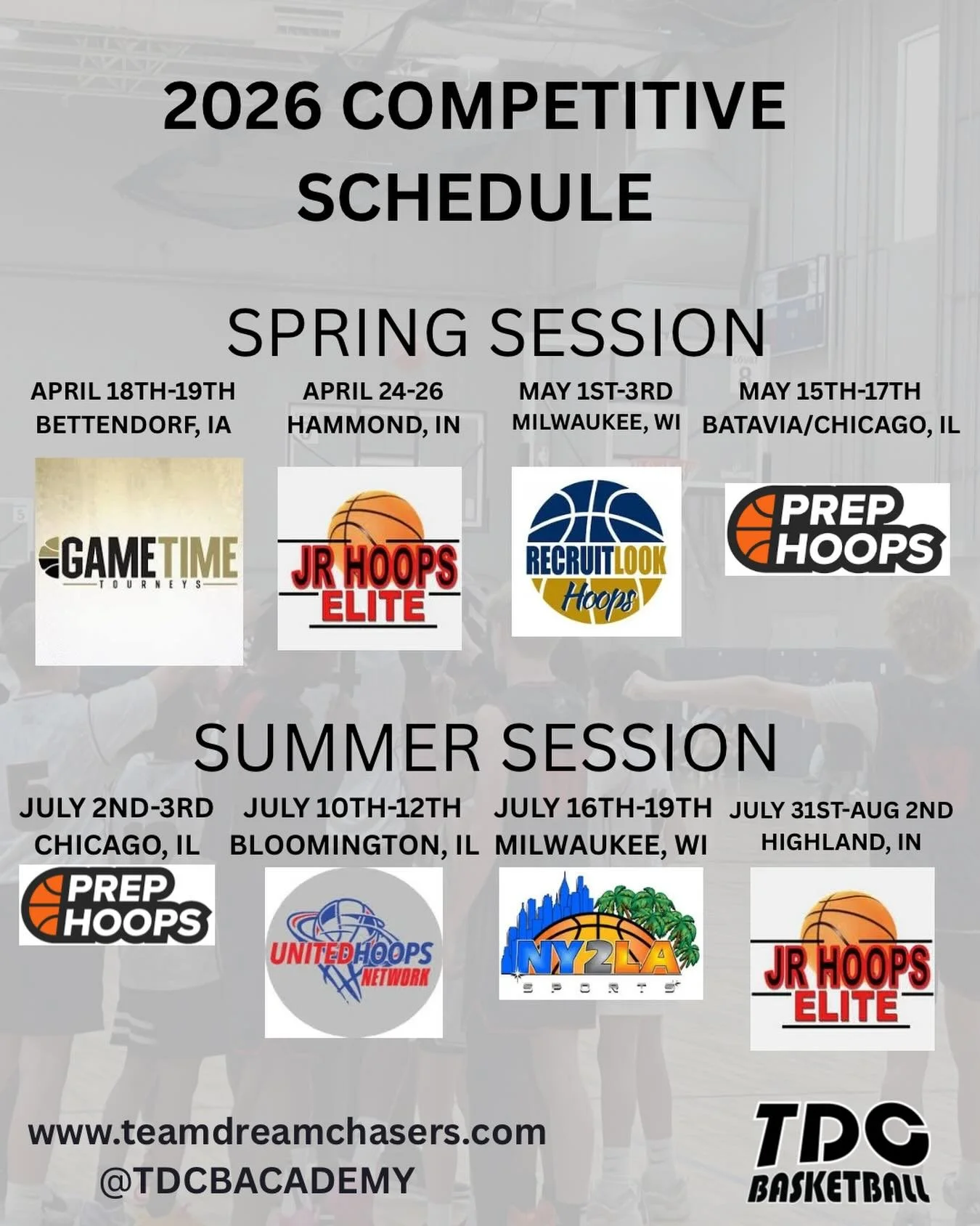 Our 2026 Competitive team schedule is out! We are looking forward to this spring and summer! 🔥

#teamdreamchasers #aau #basketball