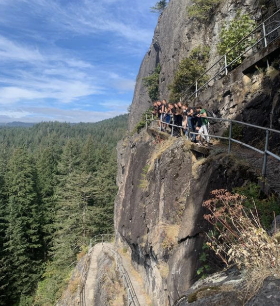 Group of people walking along a narrow, elevated pathway carved into a rocky mountainside with a metal railing, overlooking a dense forest of evergreen trees under a blue sky.