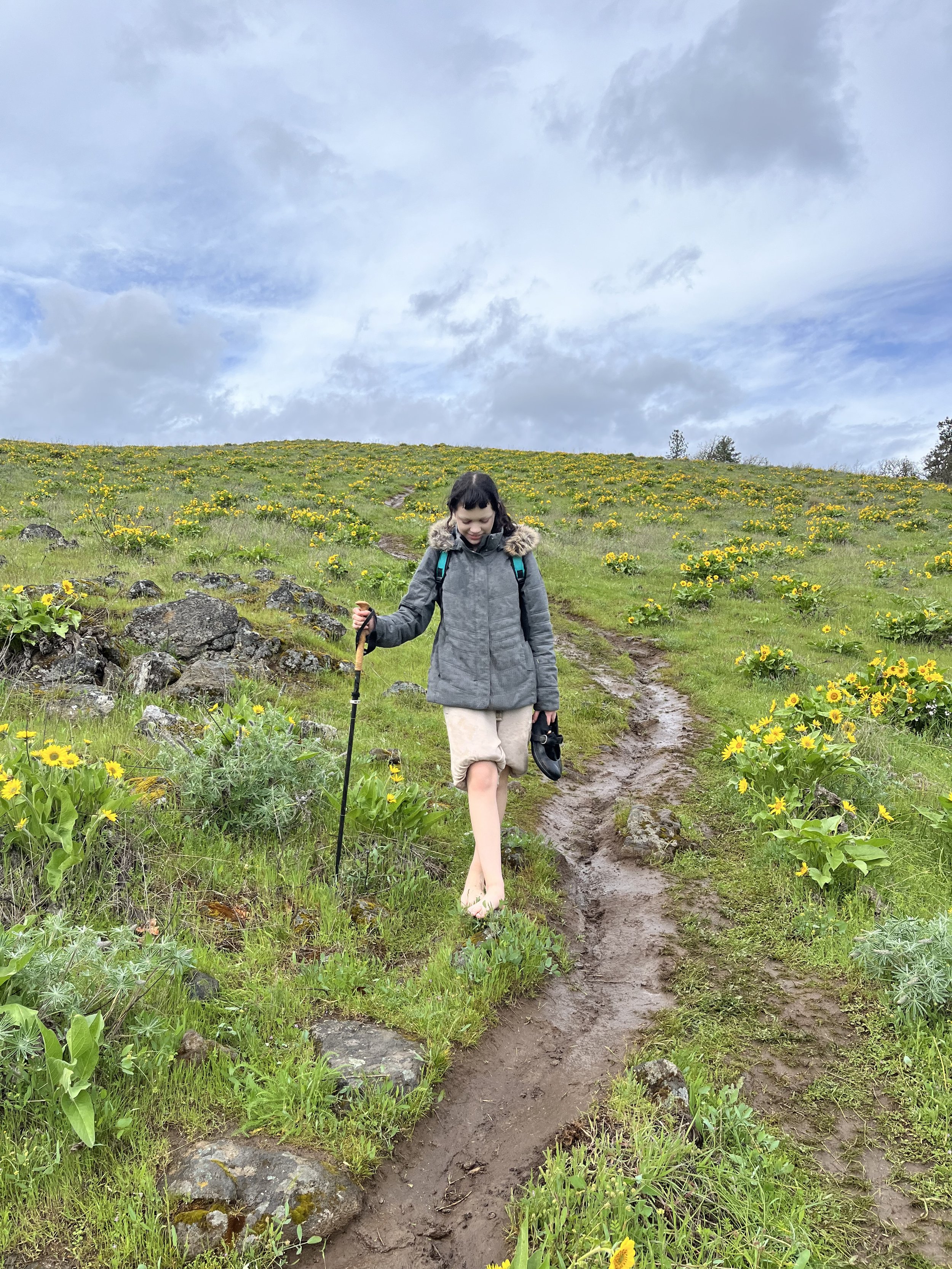 A person walking barefoot on a muddy trail through a grassy hillside with yellow flowers, wearing a jacket, shorts, and carrying a walking stick and shoes, under a cloudy sky.