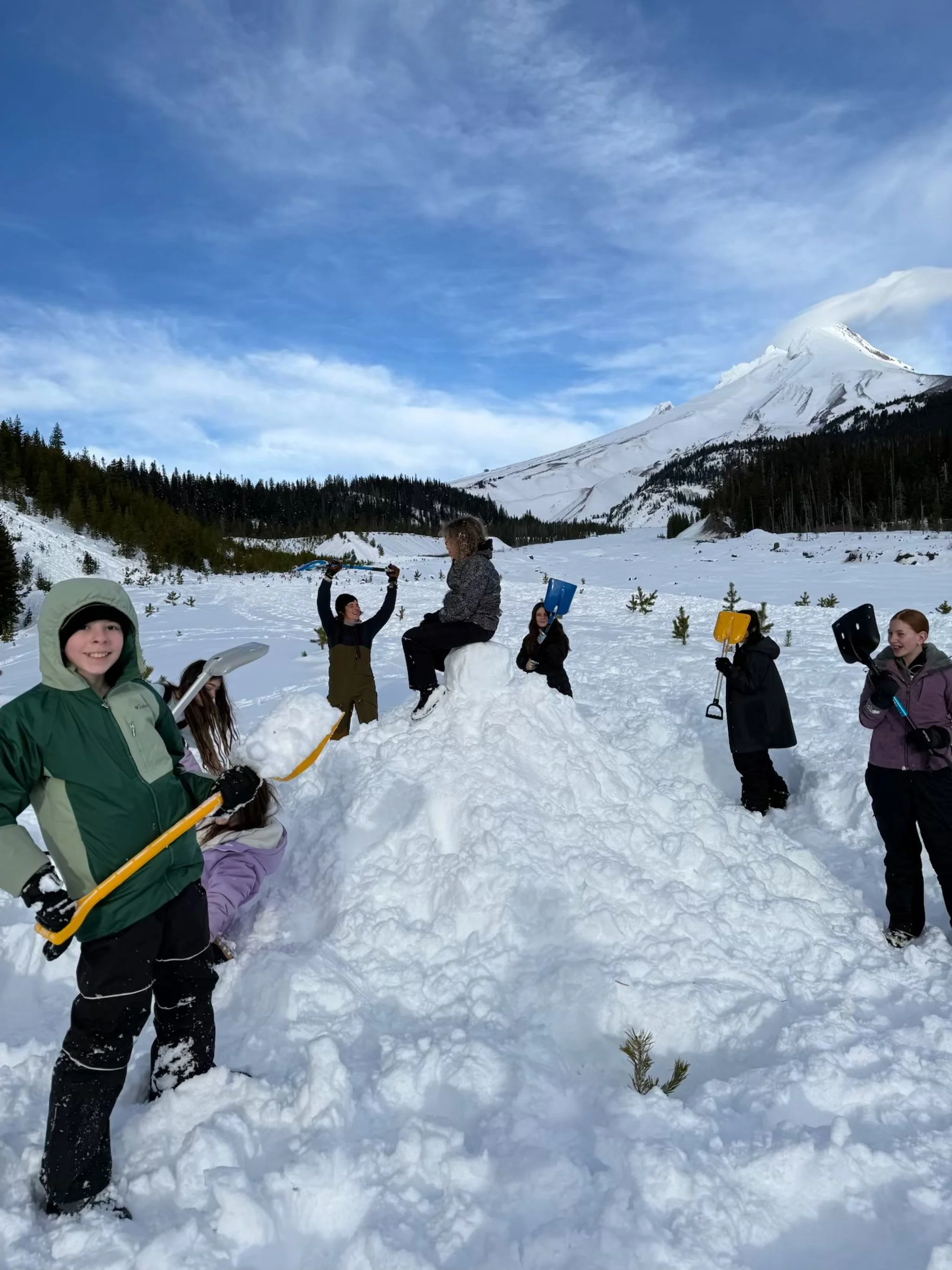 Group of children and a woman building a snow fort in a snowy mountain landscape with trees and a mountain in the background.