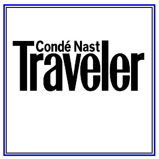 Cover of Condé Nast Traveler magazine with the magazine title in black text on a white background, framed by a simple double blue border.