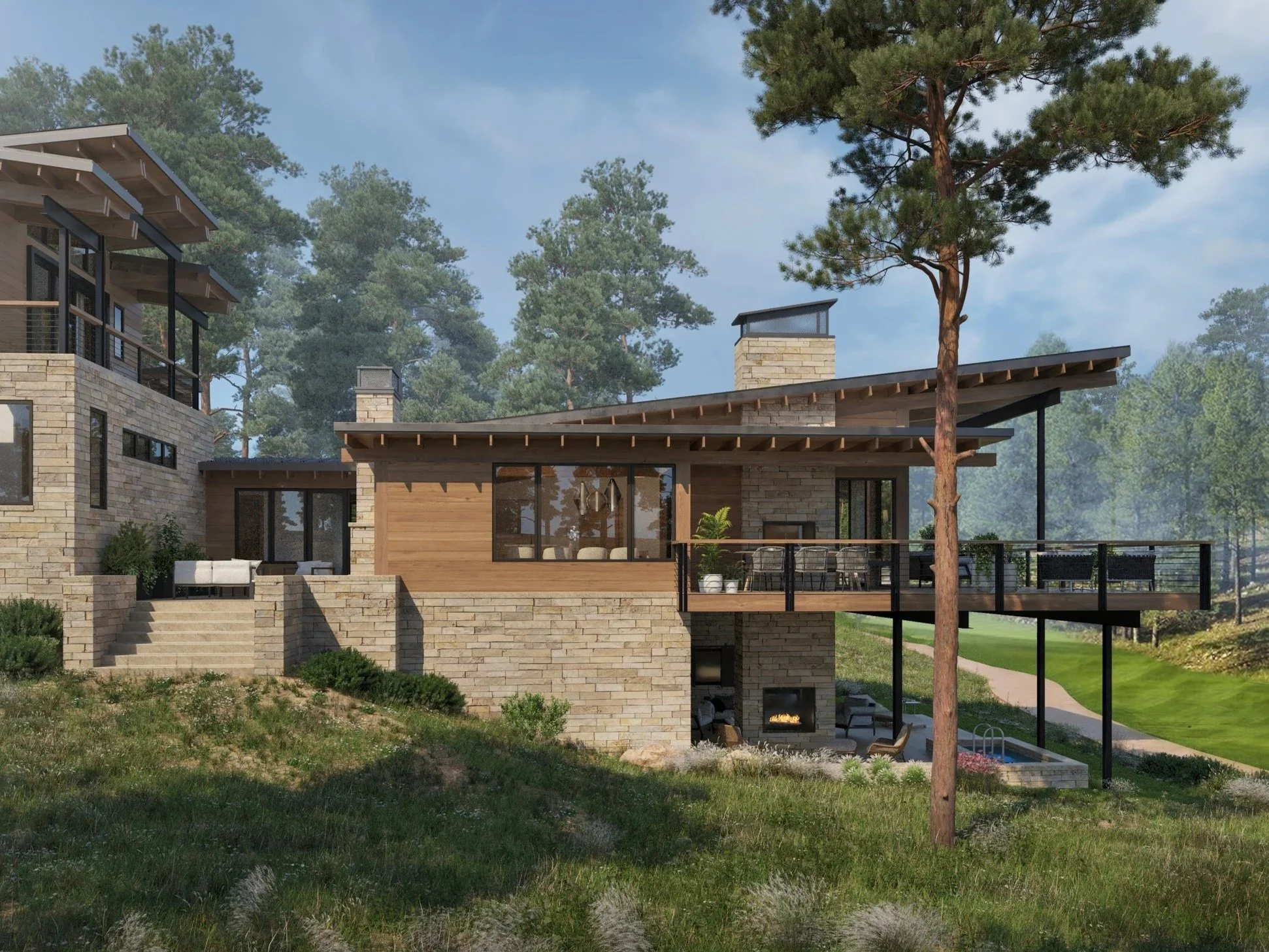 Modern house with stone and wood exterior, large windows, expansive deck with outdoor fireplace.  Located at Pine Canyon, Flagstaff, Arizona.
