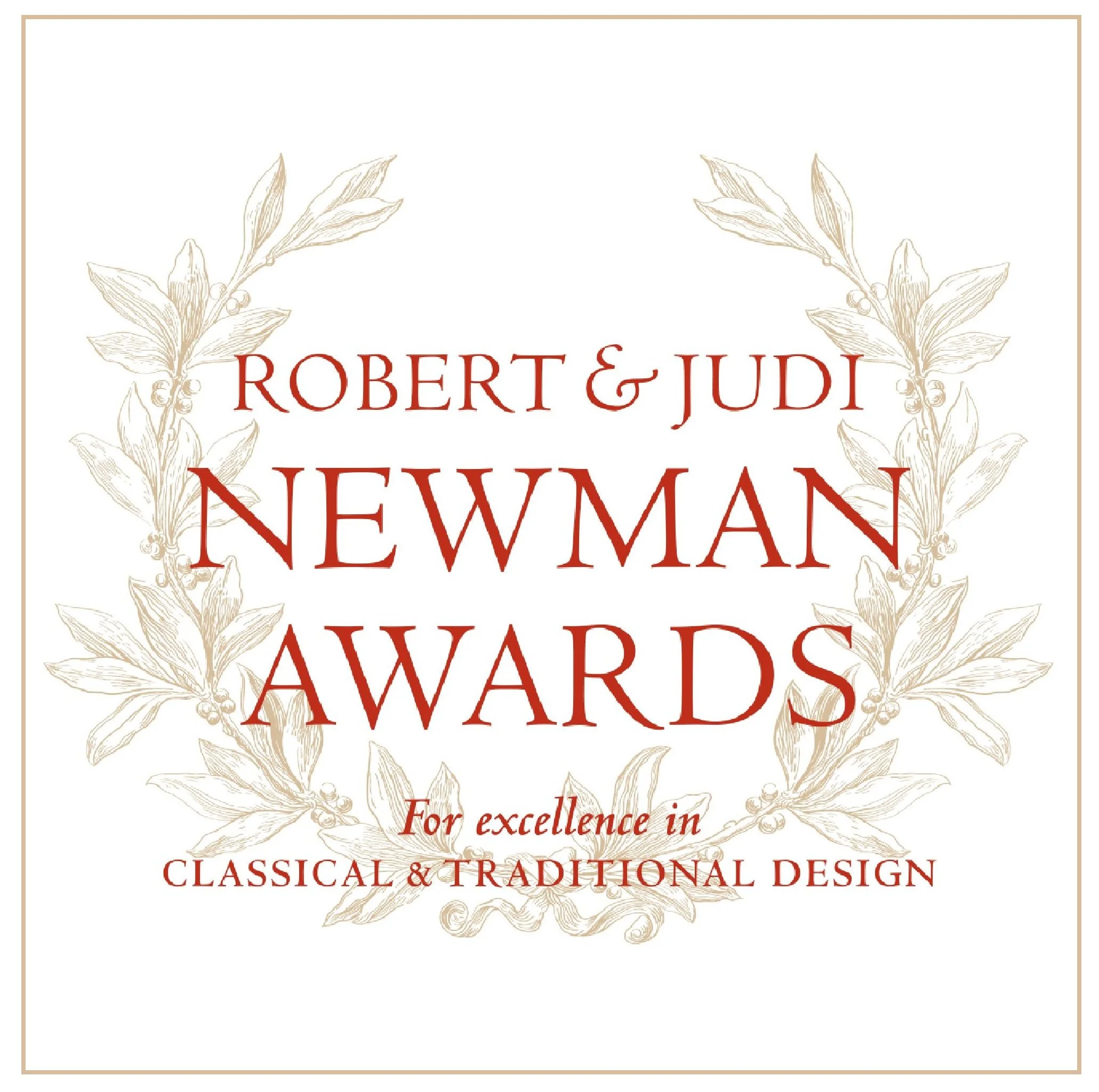 Cover of the Robert & Judi Newman Awards for excellence in classical and traditional design, featuring a beige background with a decorative border and a wreath of leaves in light brown outline, with red text displaying the award name.