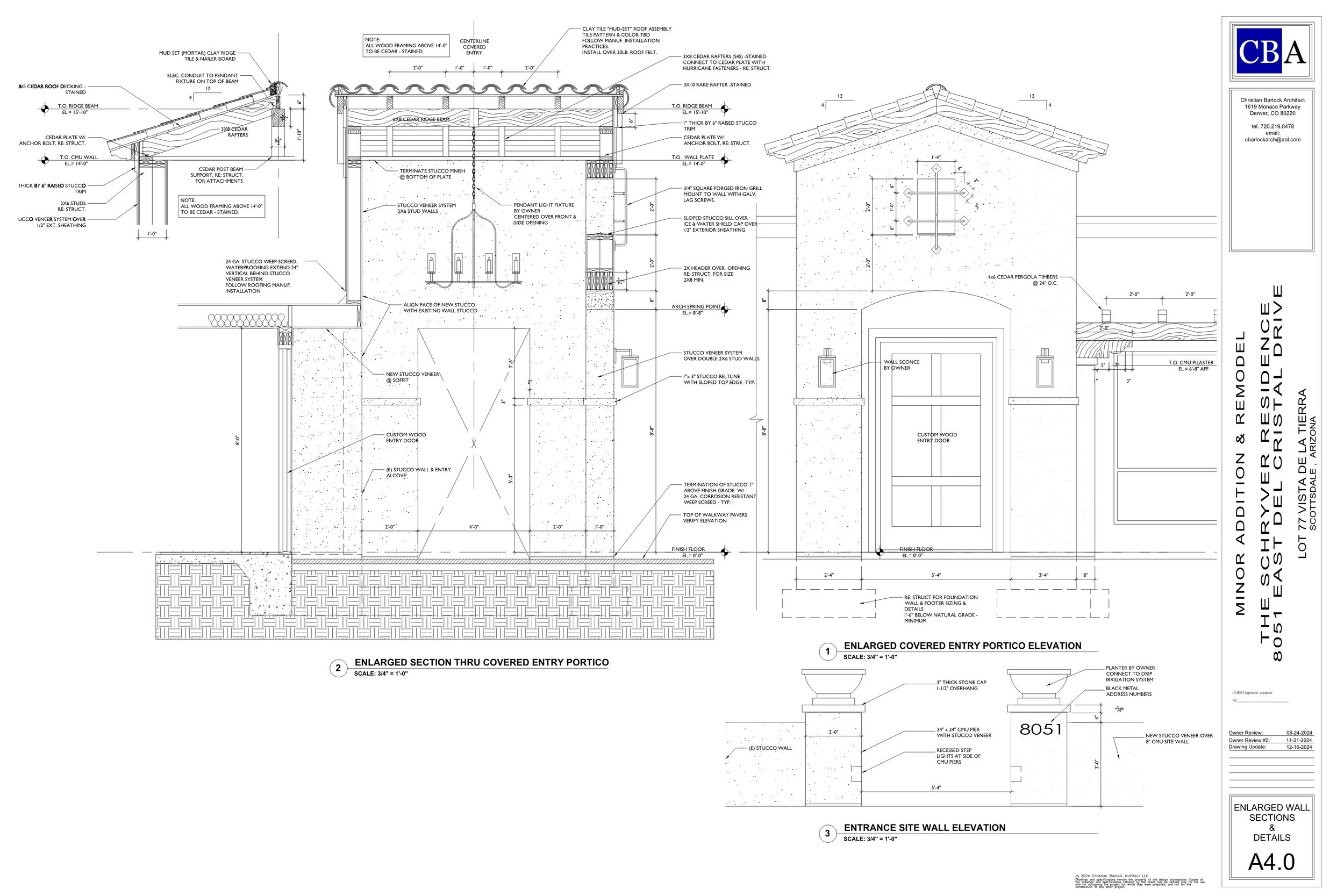 Architectural blueprint detailing the design and construction of a covered entry portico and entrance site wall for a residential remodeling project, including section views, elevations, and construction notes.