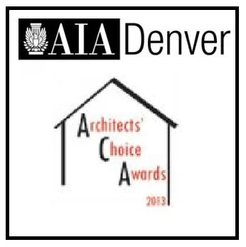 A logo with the AIA Denver organization, featuring text about the Architects' Choice Awards 2013, with a graphic of a house outline.