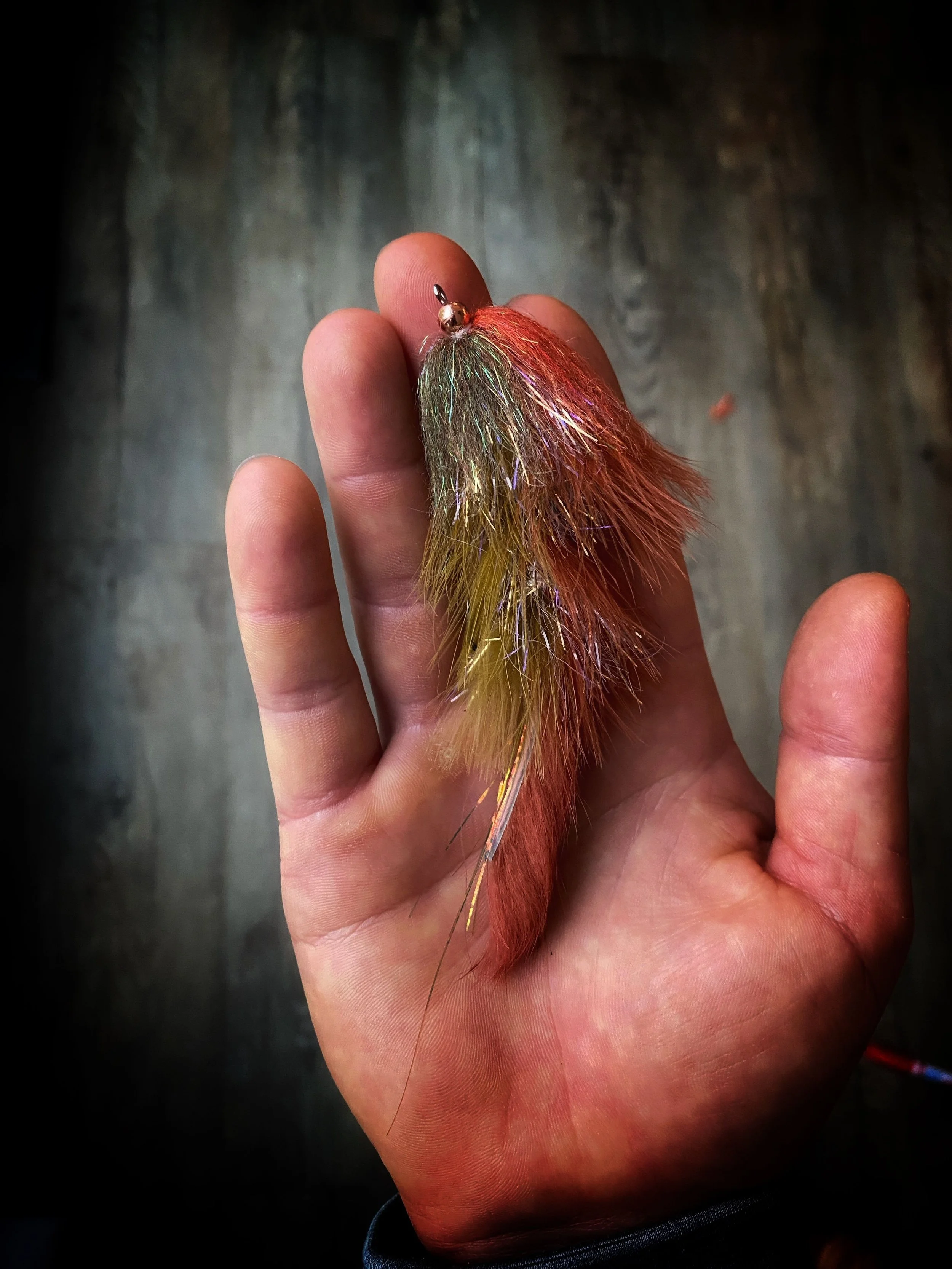 A fishing lure with a feathered body and shiny, iridescent accents held in a person's hand.