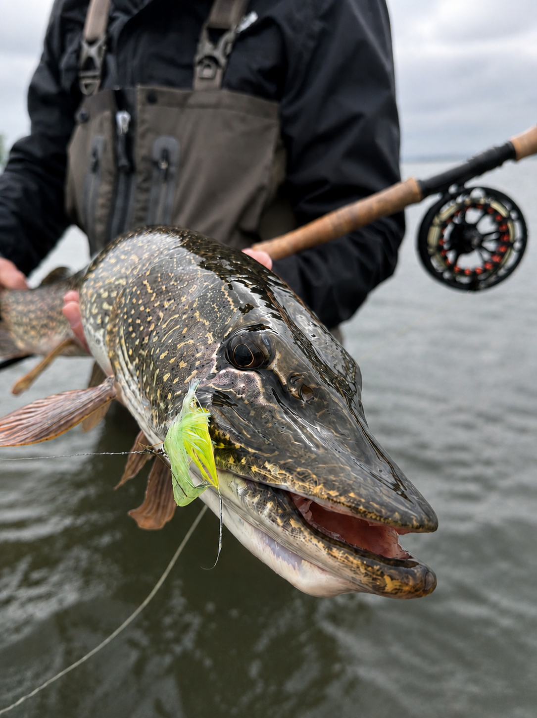 Person holding a large fish with a fishing rod in background, over a body of water.