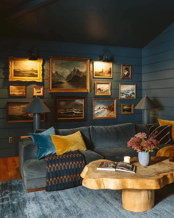 Teal Painted Living Room with blue sofa