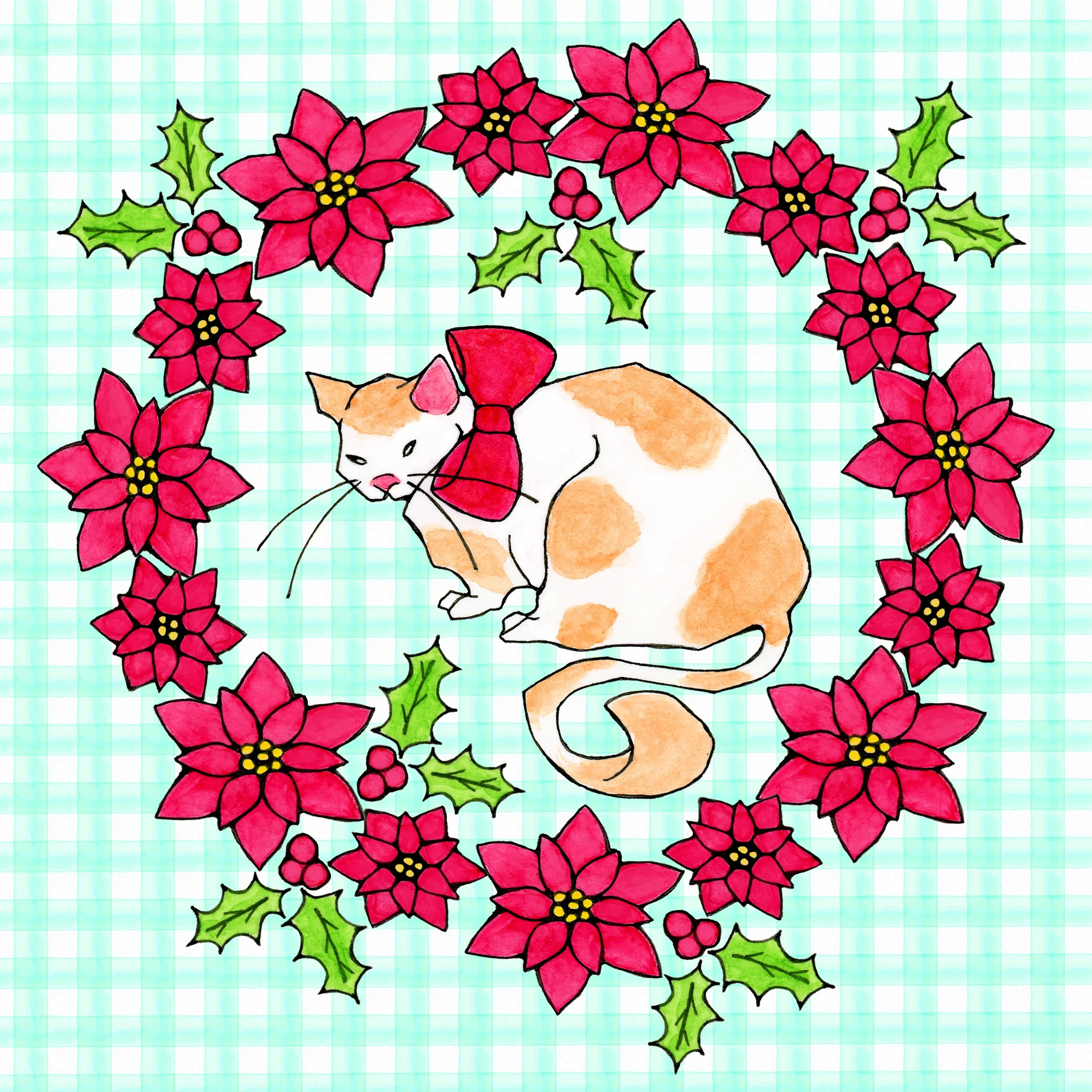 CC004- poinsettia cat art image
