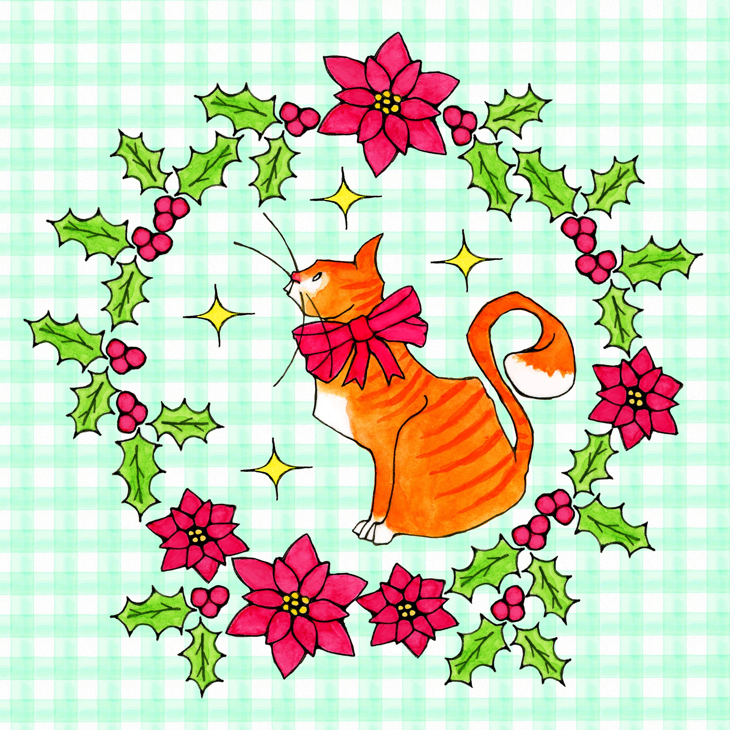 CC005- tabby cat holly wreath