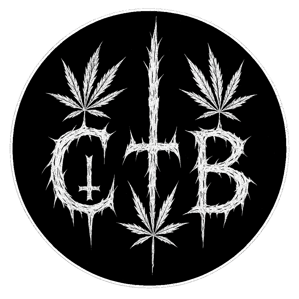 Black circular logo with white stylized letters and cannabis leaves, spelling 'CLUB' with a cross inside the letter 'L'.