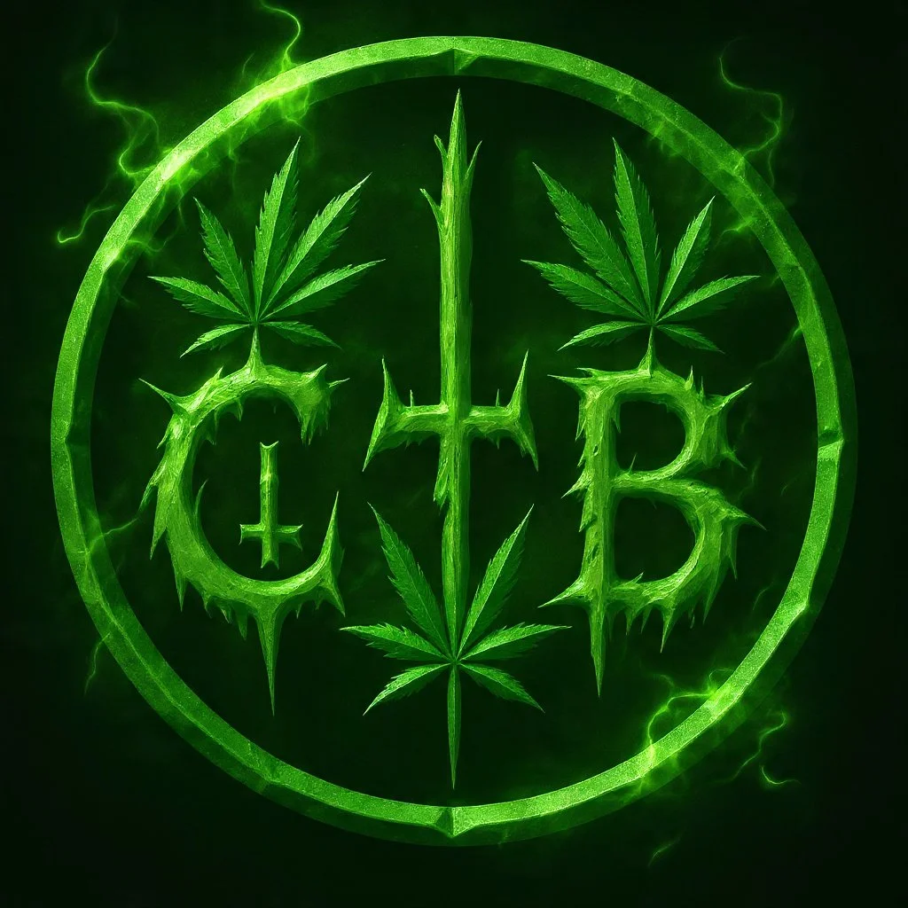 A green glowing logo with cannabis leaves, a cross, and a spiked circle, resembling a watch or gear.