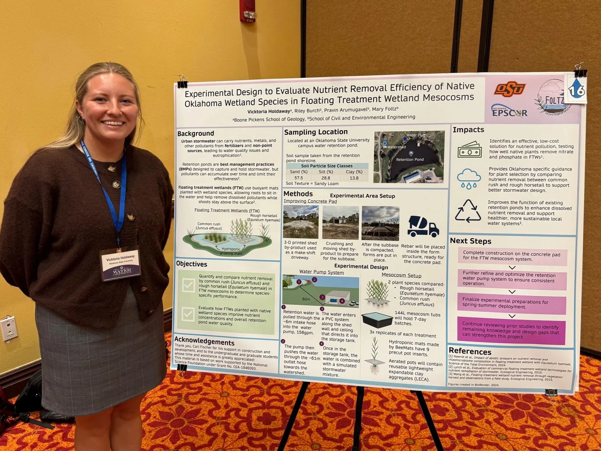 Vicktoria has directed this research project in a new direction, towards Floating Treatment Wetlands (FTWs). Here she presented our first poster on the topic at the Oklahoma Governor's Water Conference 2025.