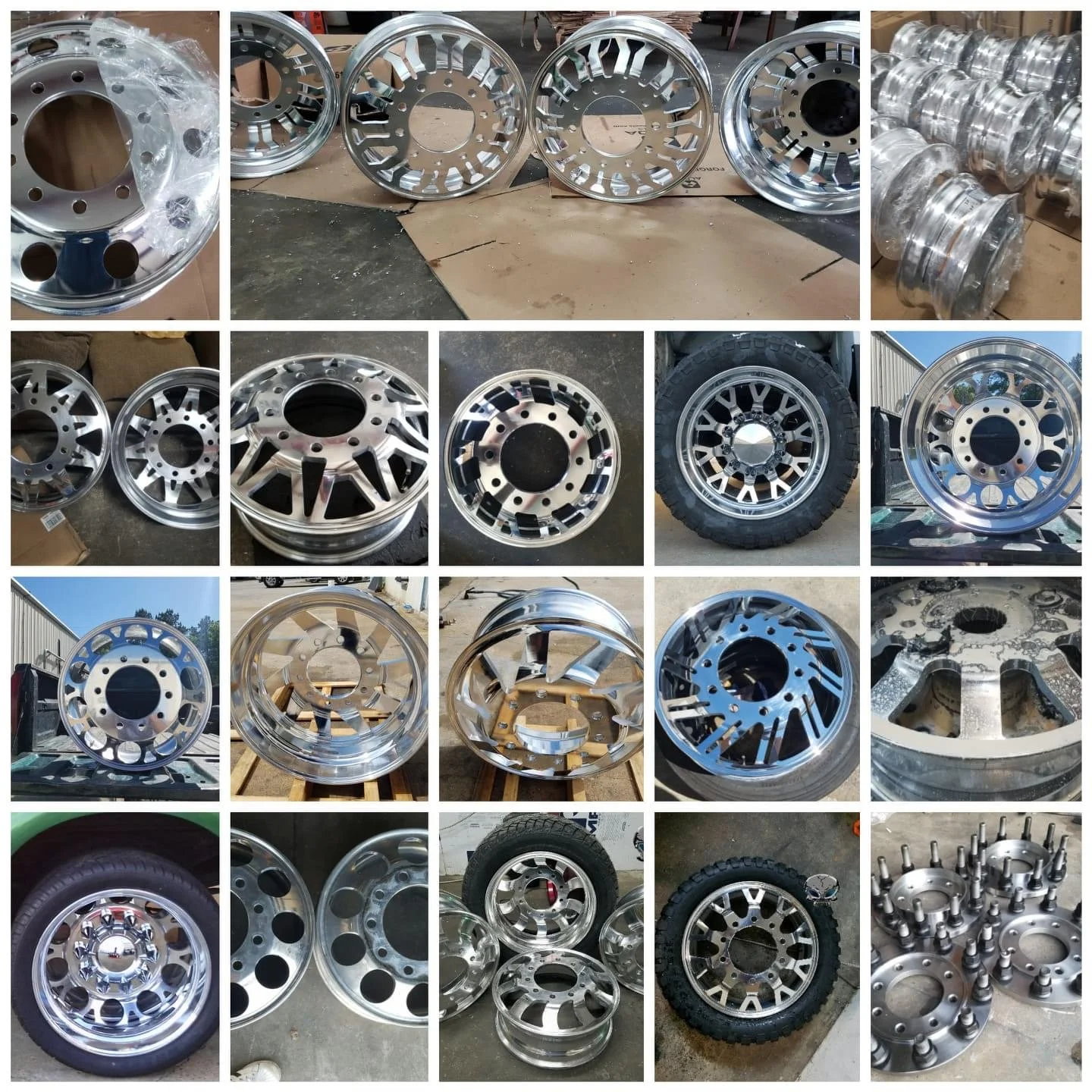 Various shiny, polished aluminum custom semi wheels displayed in different angles and styles. Some mounted on tires, others on stands.